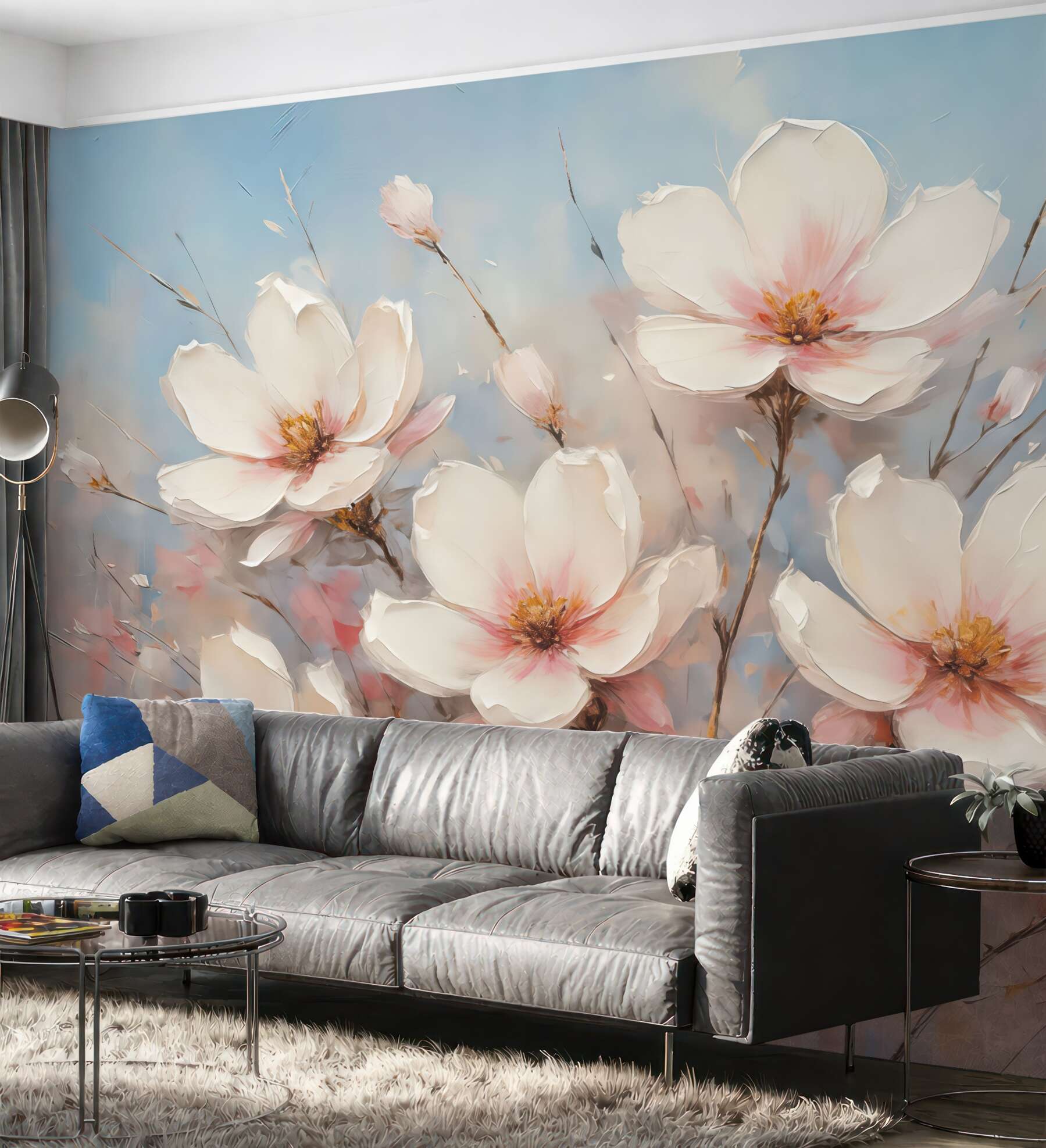 Fototapeta delikatne magnolie na błękitnym tle