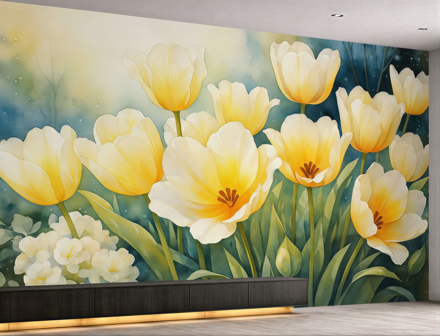 Fototapeta słoneczne tulipany w akwarelowym ogrodzie