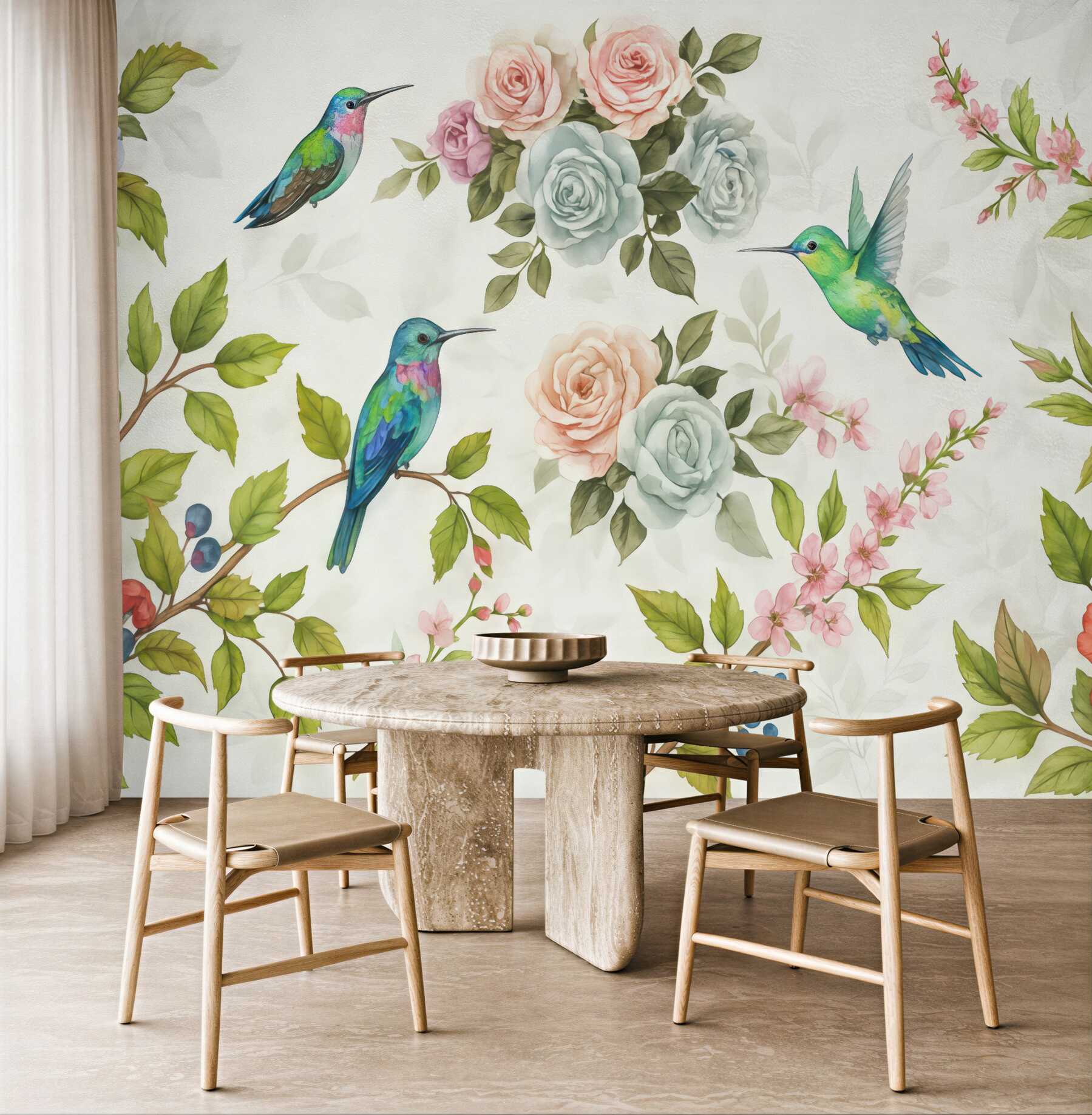 Fototapeta kolibry wśród pastelowych kwiatów