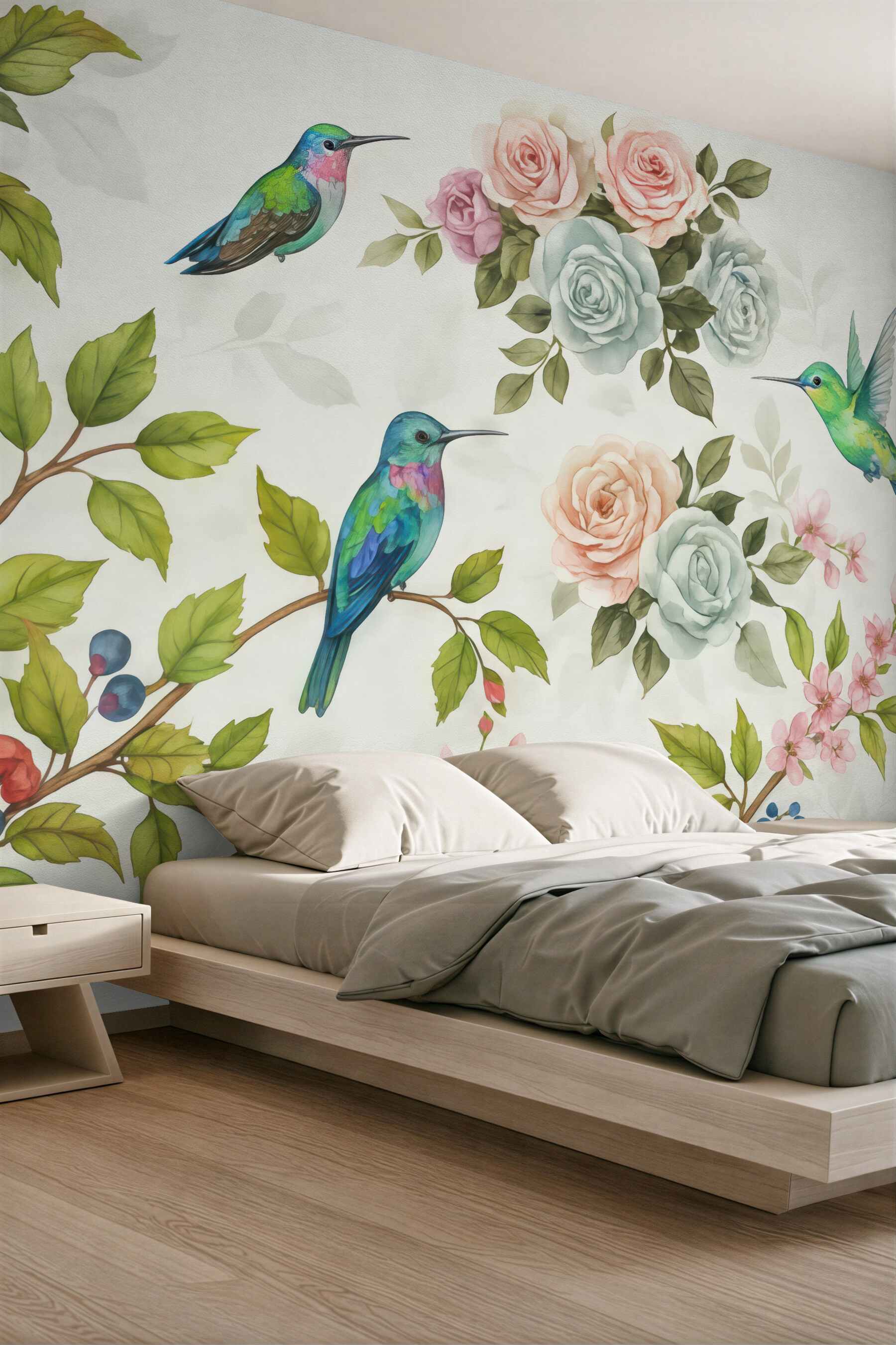 Fototapeta kolibry wśród pastelowych kwiatów