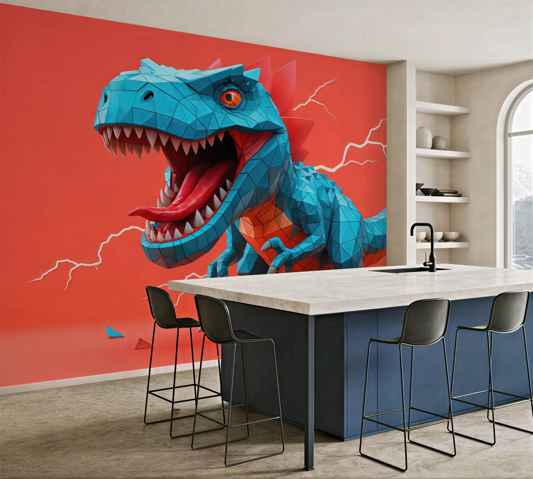 Fototapeta geometryczny turkusowy dinozaur na koralowym tle