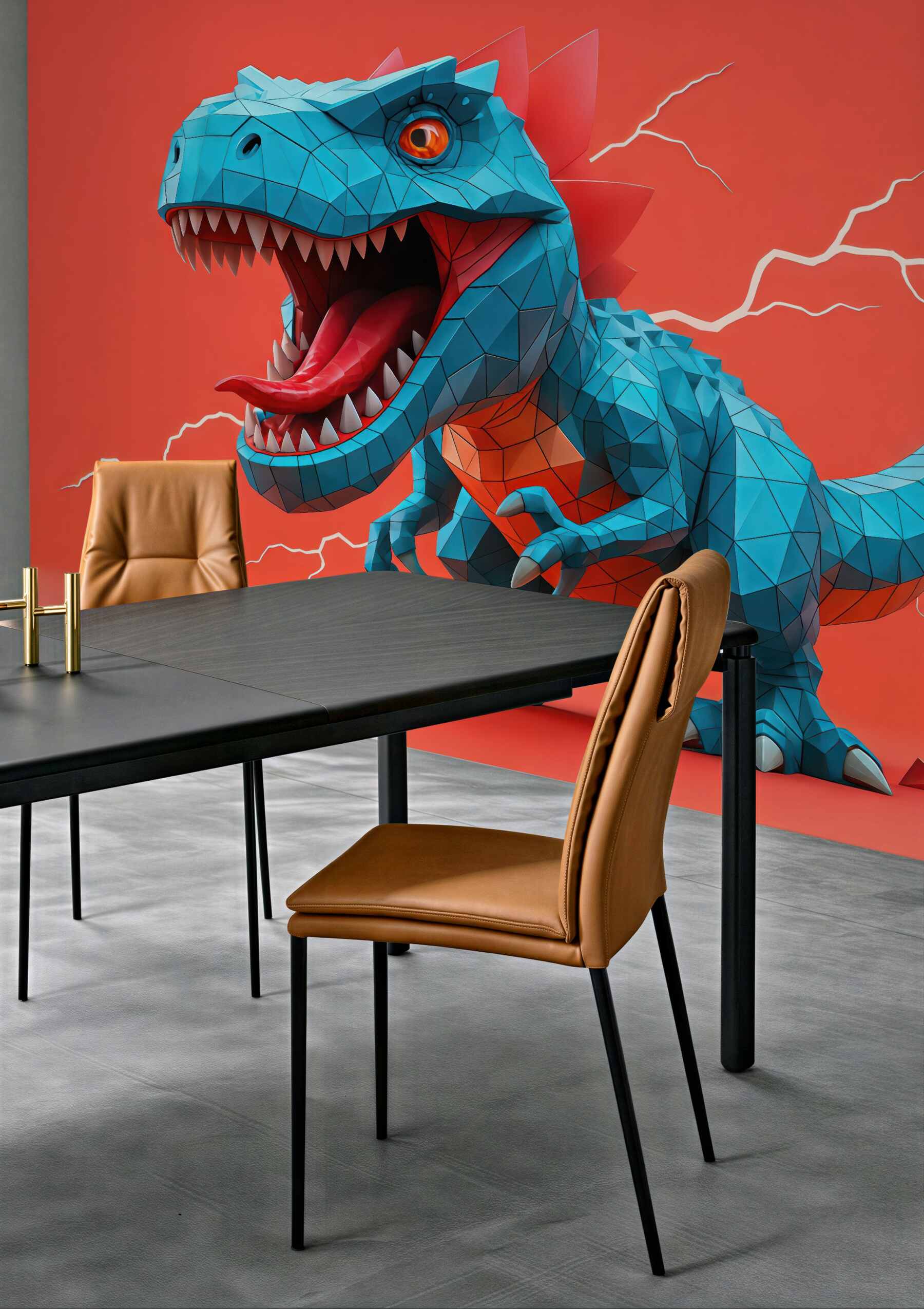 Fototapeta geometryczny turkusowy dinozaur na koralowym tle