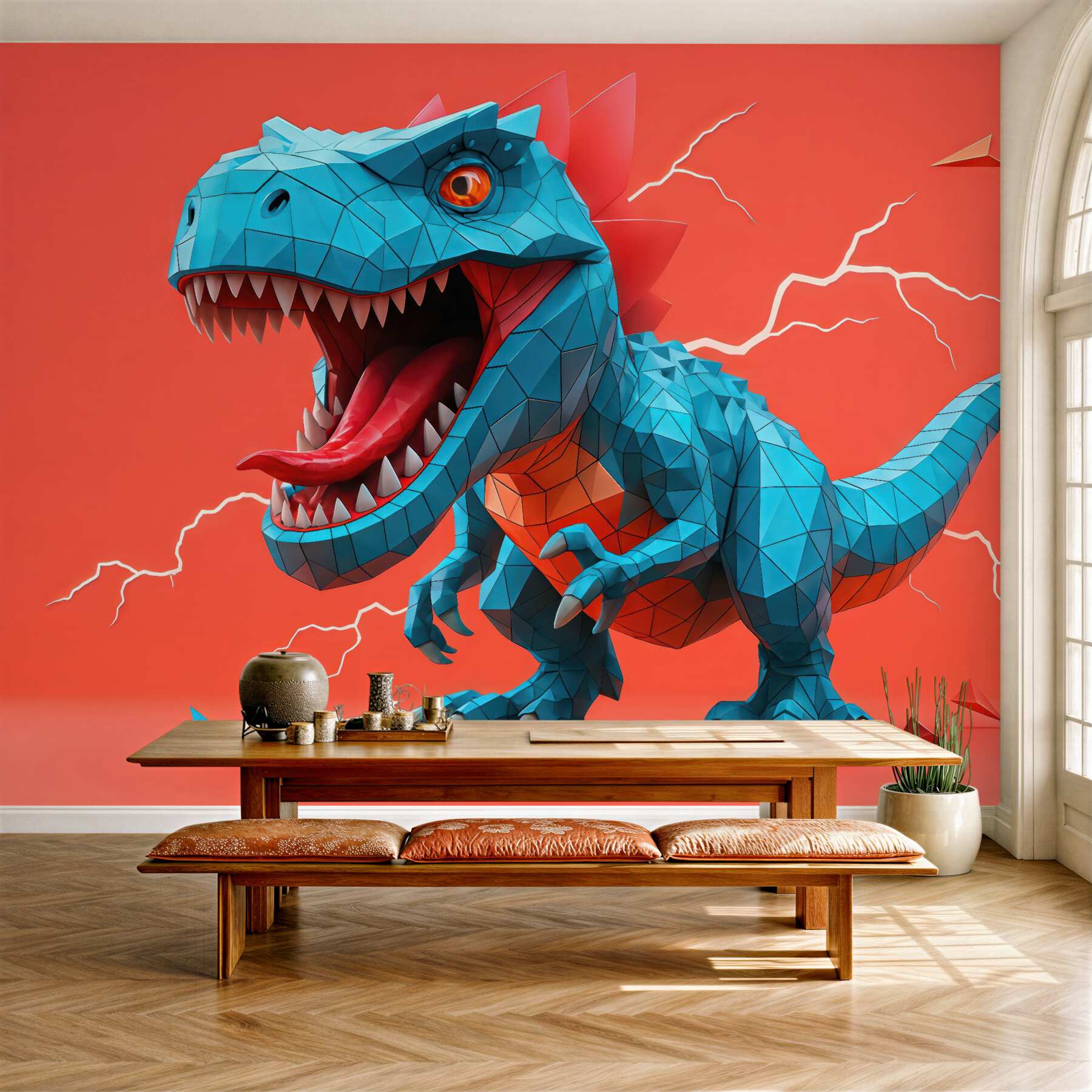 Fototapeta geometryczny turkusowy dinozaur na koralowym tle