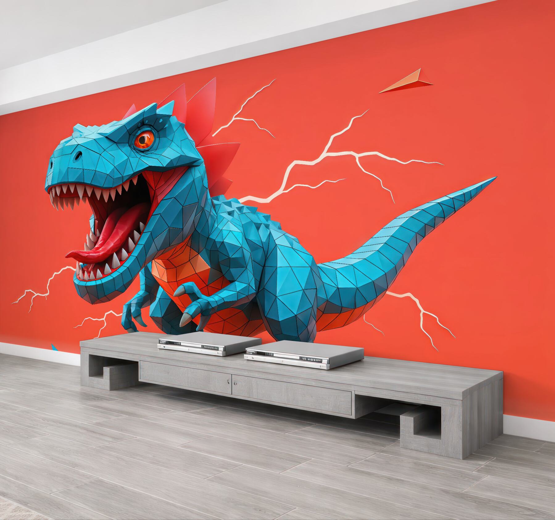 Fototapeta geometryczny turkusowy dinozaur na koralowym tle