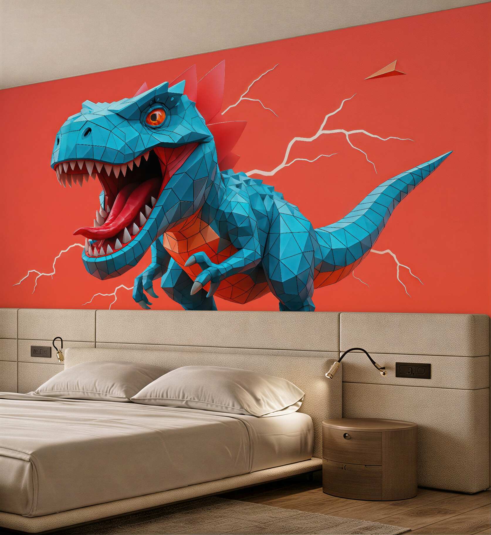 Fototapeta geometryczny turkusowy dinozaur na koralowym tle