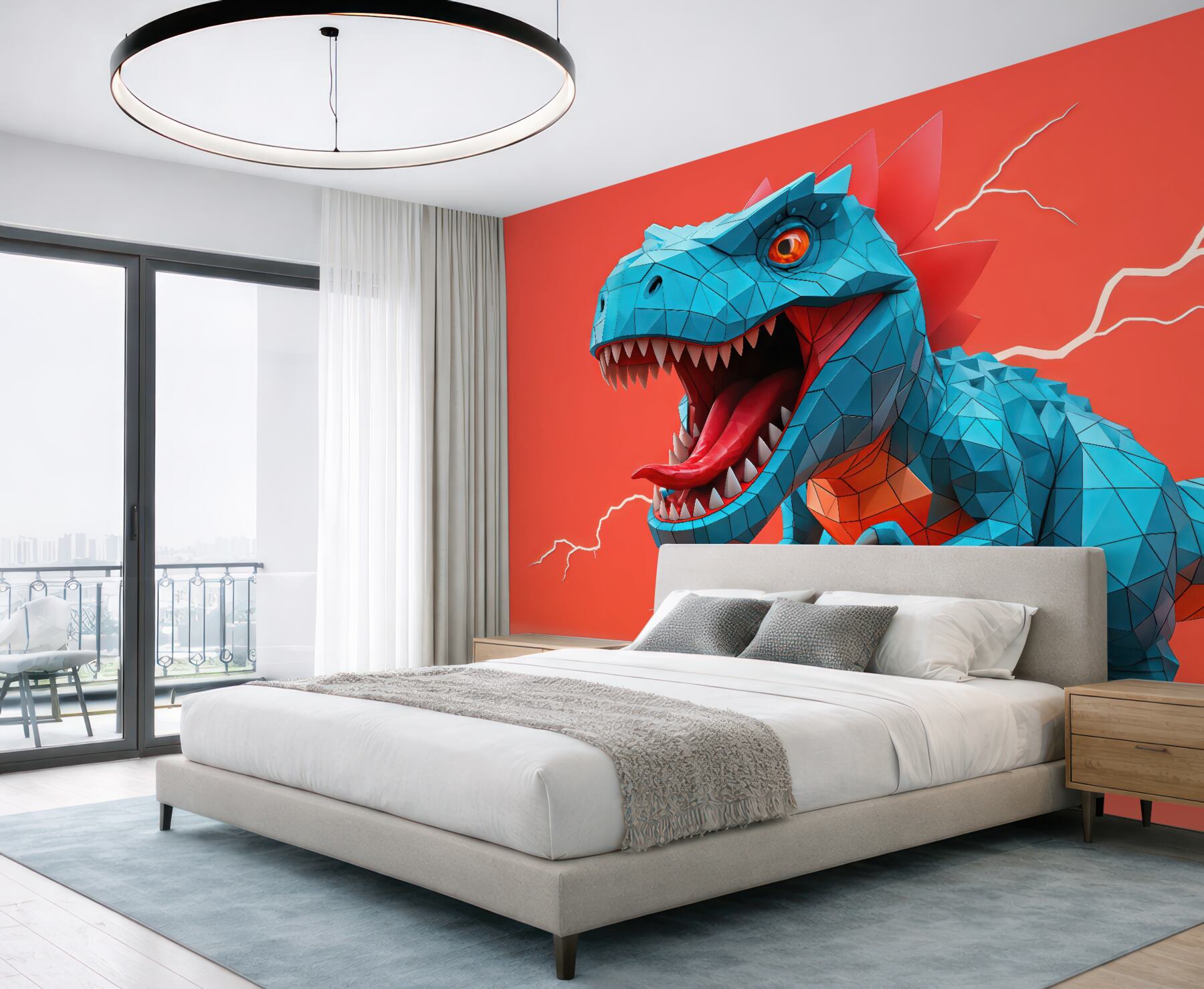 Fototapeta geometryczny turkusowy dinozaur na koralowym tle