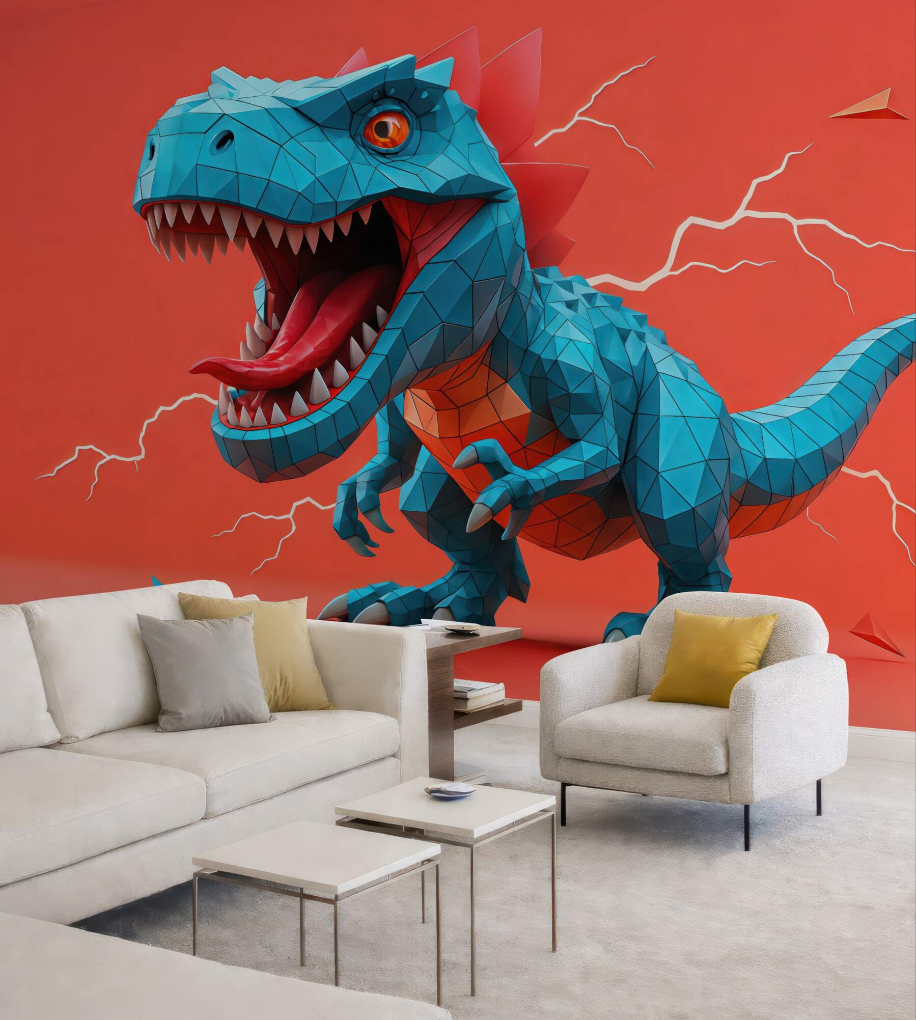 Fototapeta geometryczny turkusowy dinozaur na koralowym tle