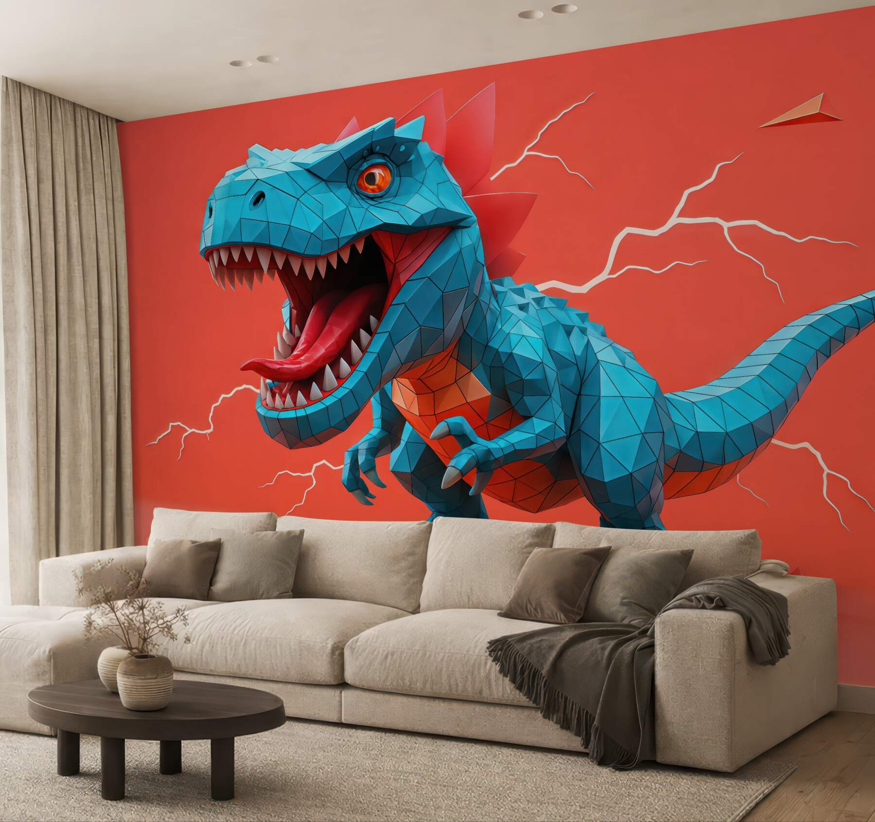 Fototapeta geometryczny turkusowy dinozaur na koralowym tle