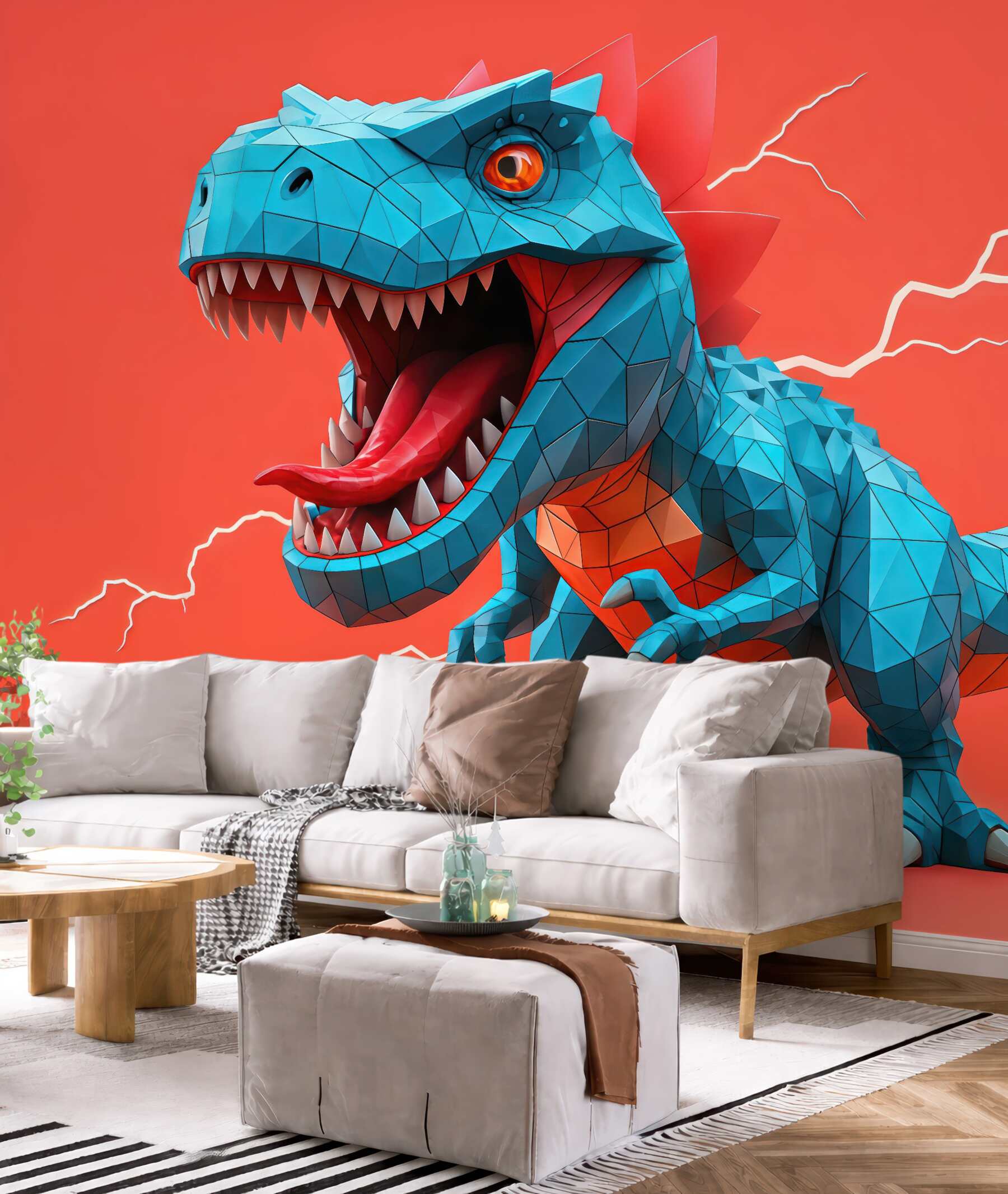 Fototapeta geometryczny turkusowy dinozaur na koralowym tle