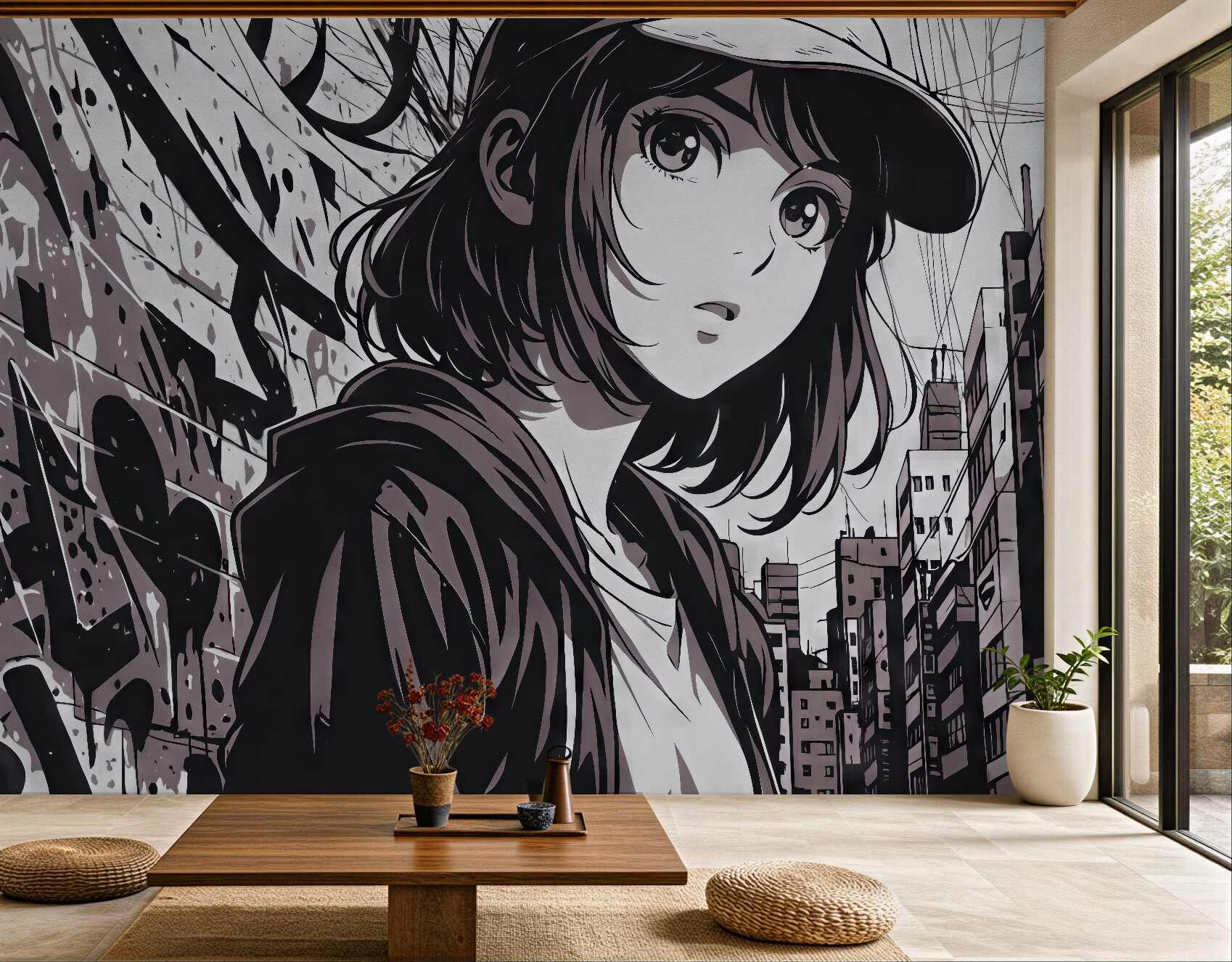 Fototapeta miejska manga z tajemniczą dziewczyną