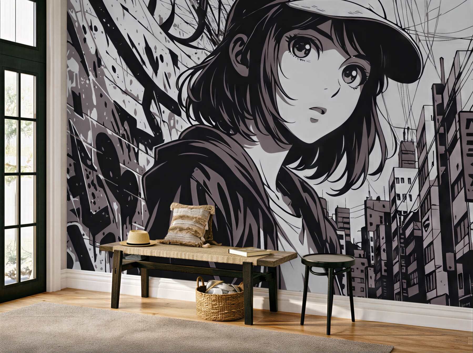 Fototapeta miejska manga z tajemniczą dziewczyną