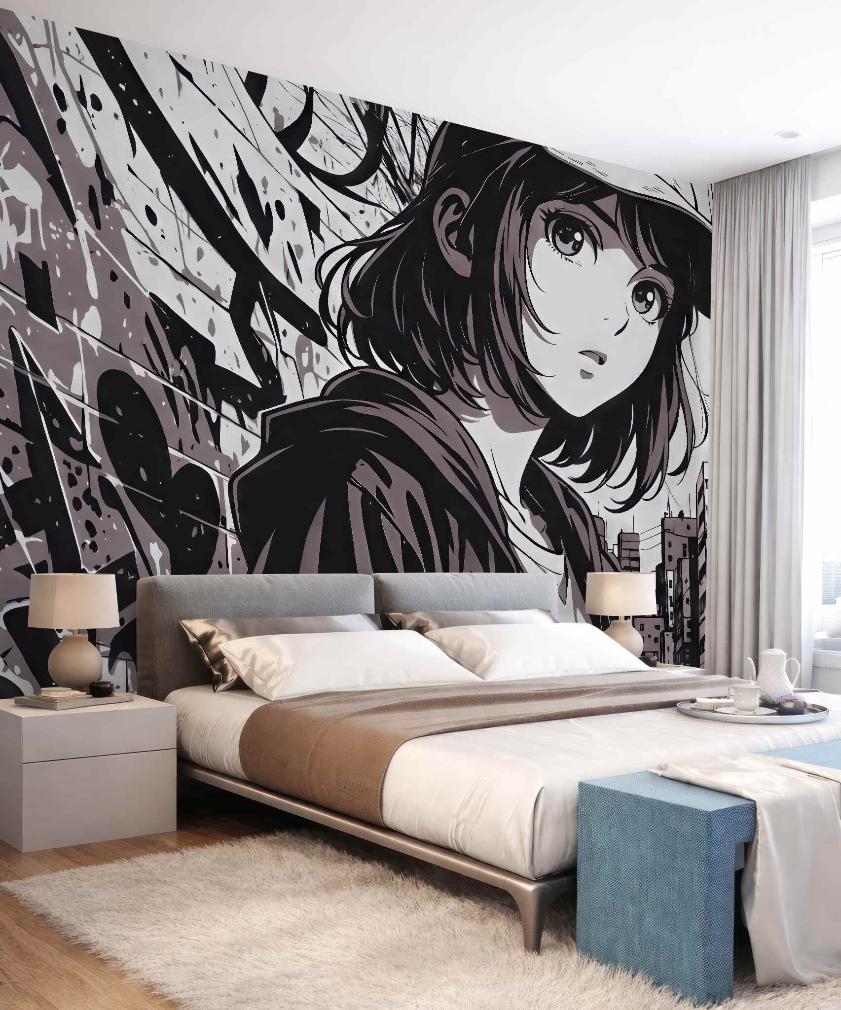 Fototapeta miejska manga z tajemniczą dziewczyną