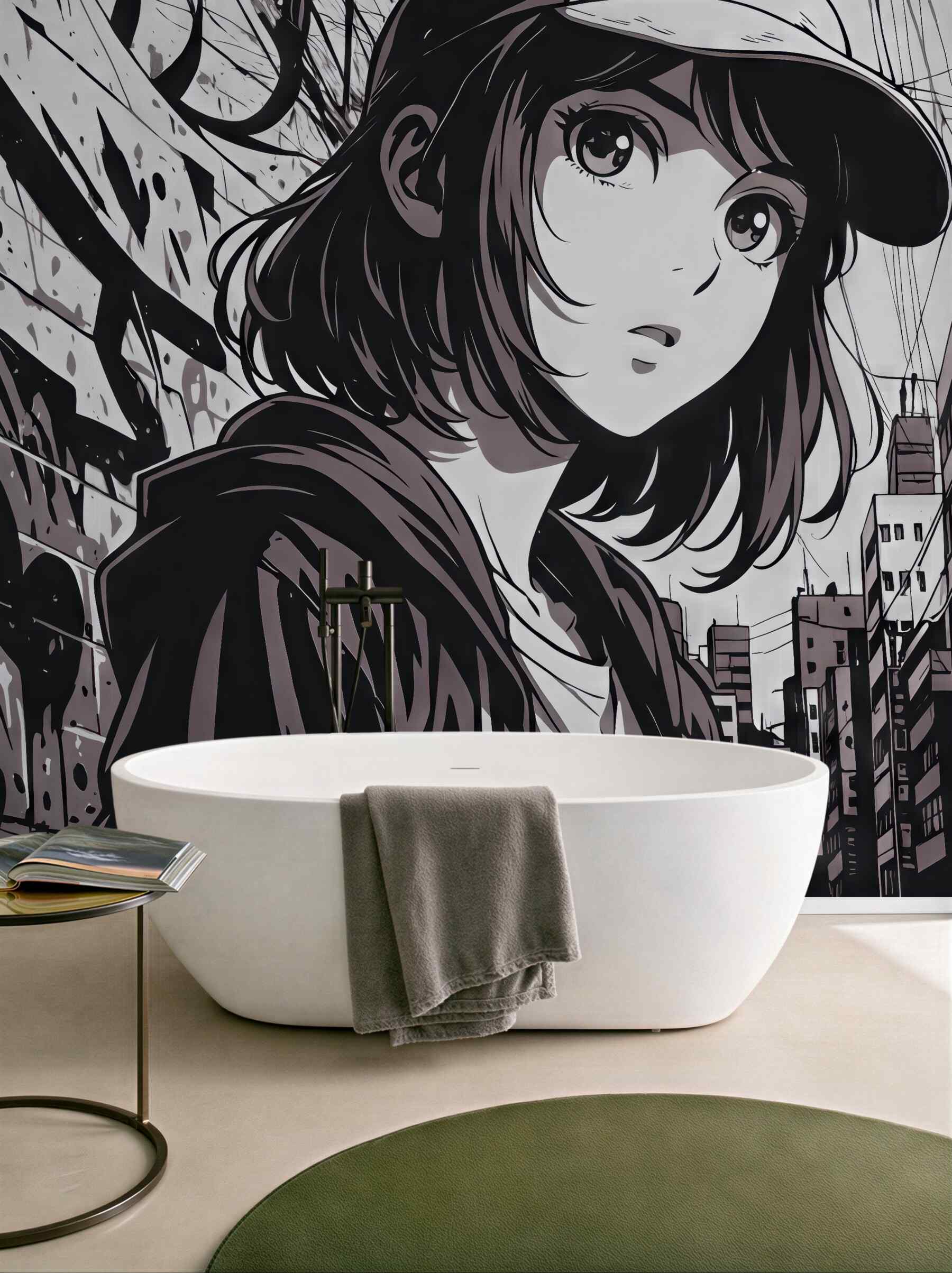 Fototapeta miejska manga z tajemniczą dziewczyną