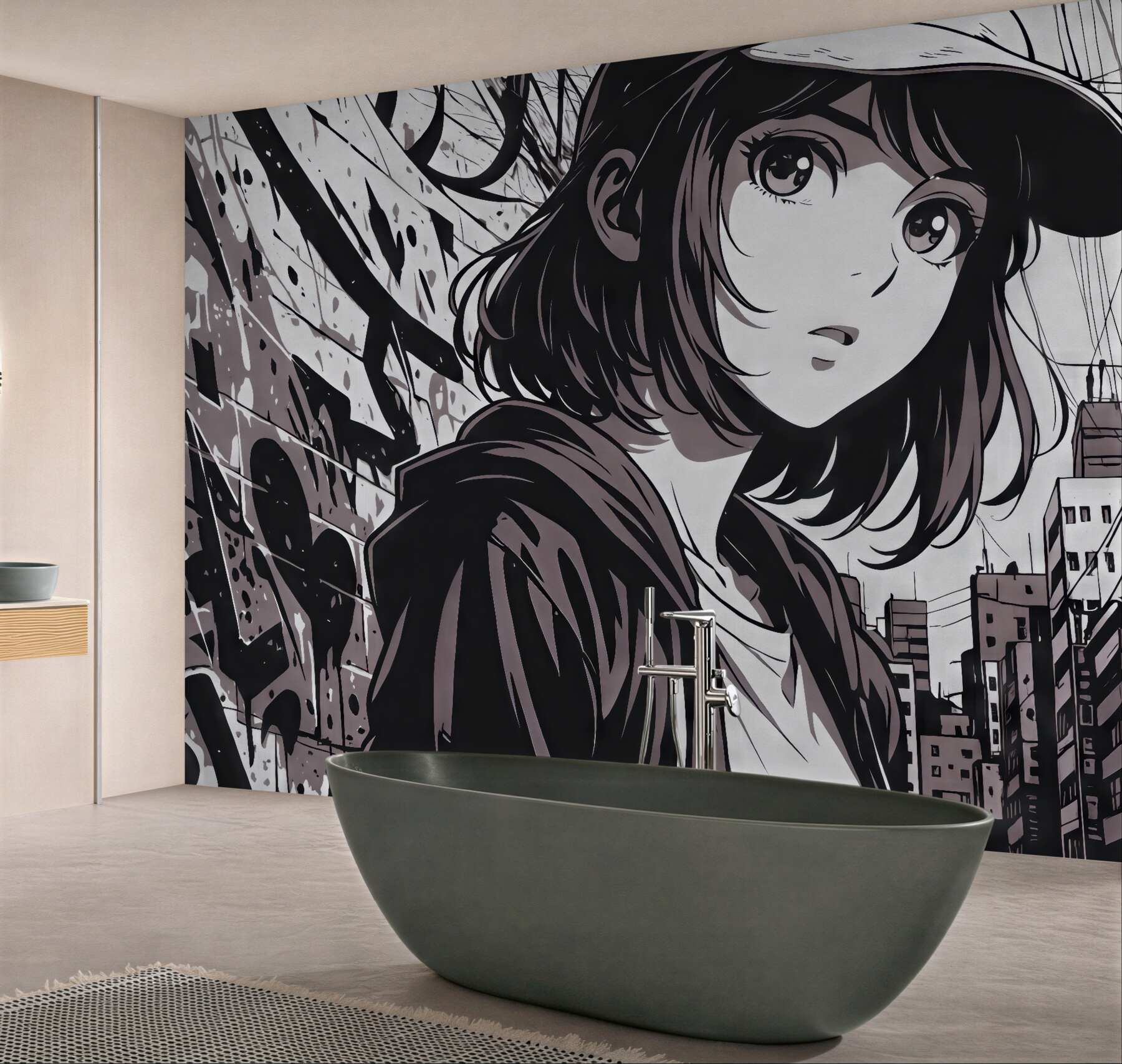 Fototapeta miejska manga z tajemniczą dziewczyną