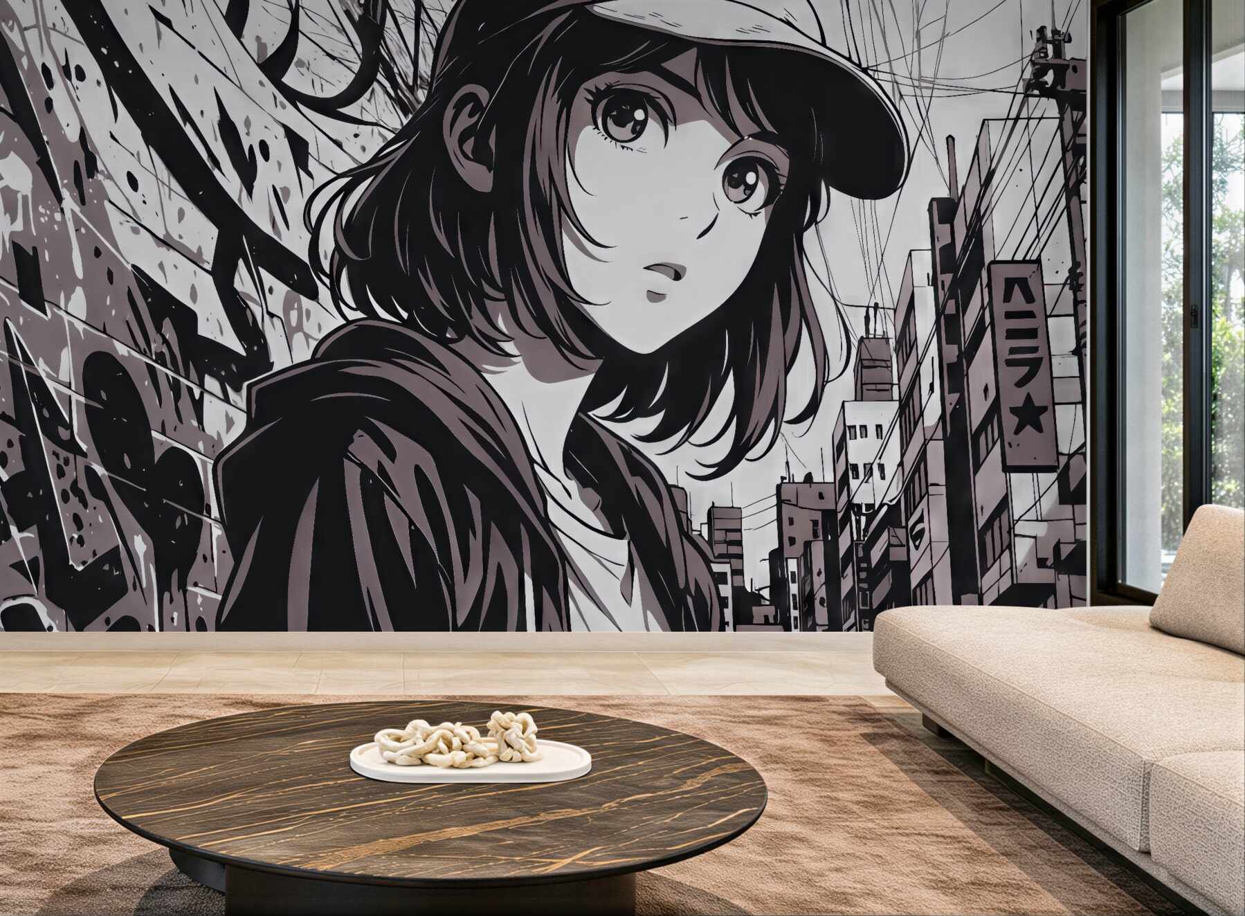 Fototapeta miejska manga z tajemniczą dziewczyną