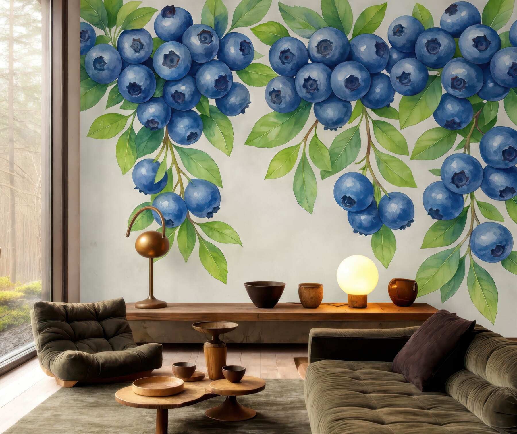 Fototapeta akwarelowe borówki w zielonych liściach