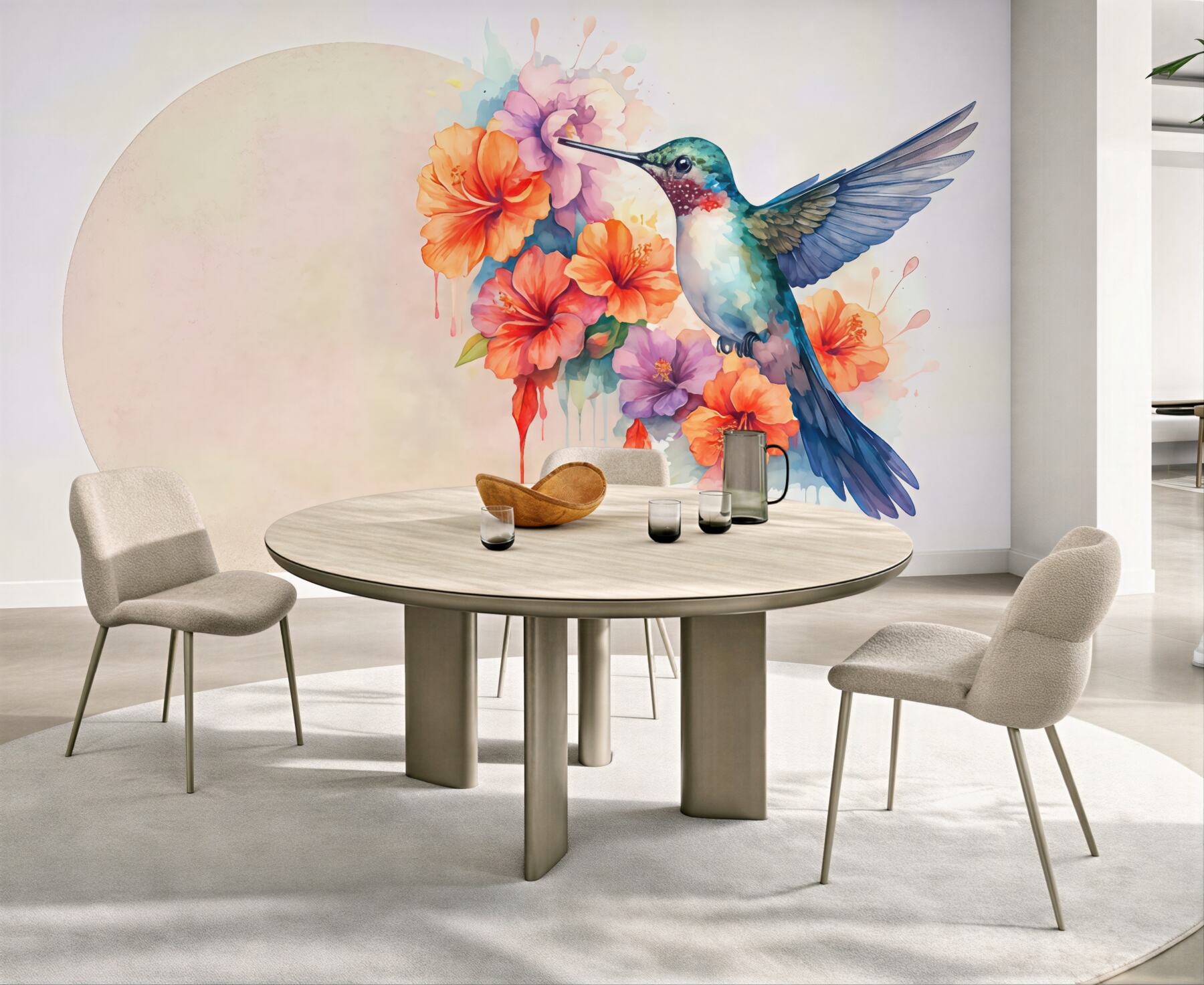 Fototapeta koliber w akwarelowych hibiskusach