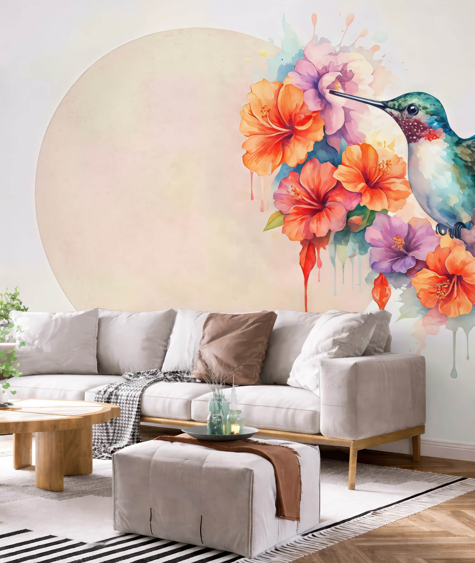 Fototapeta koliber w akwarelowych hibiskusach