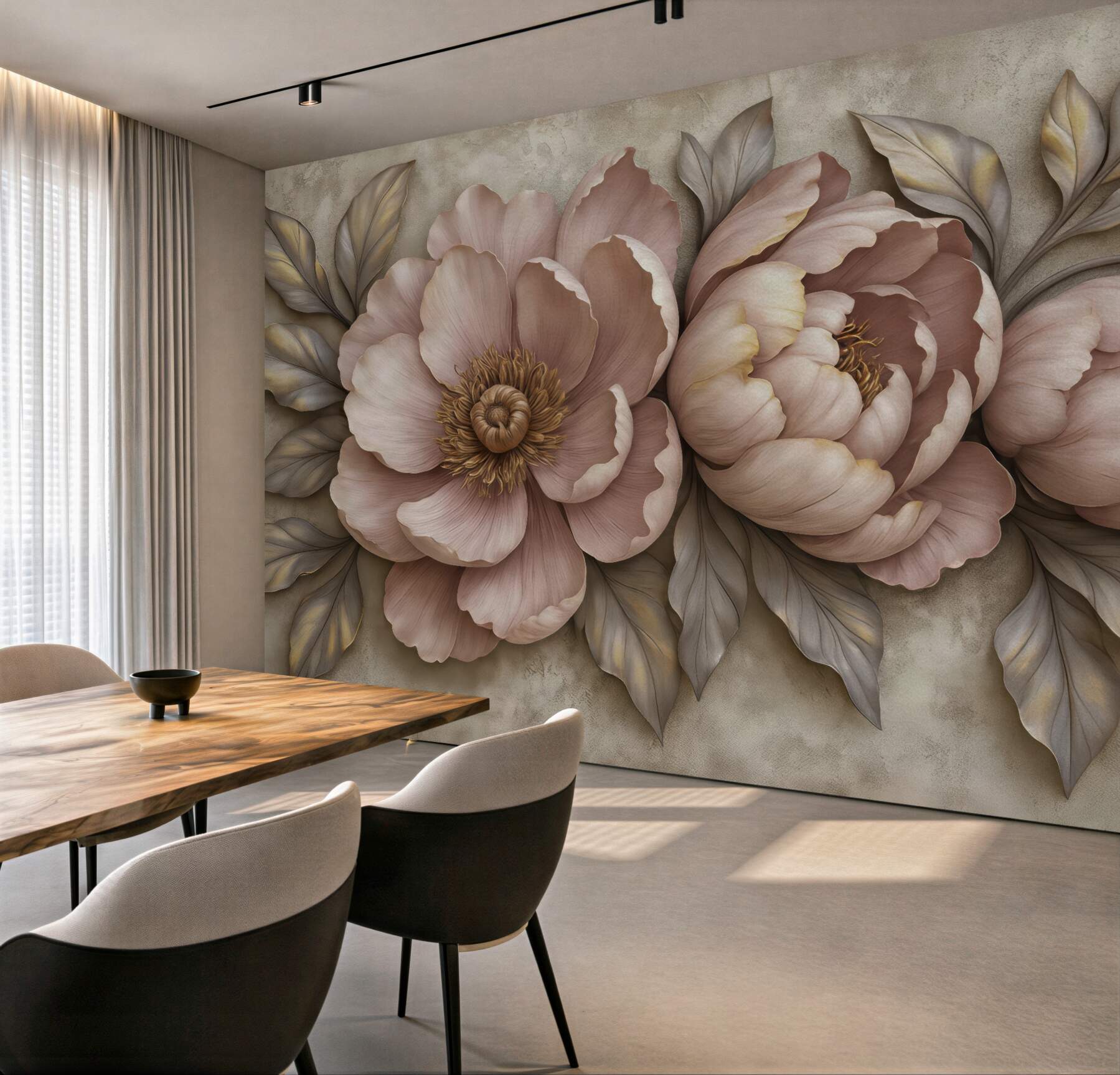 Fototapeta pudrowe piwonie w eleganckim reliefie