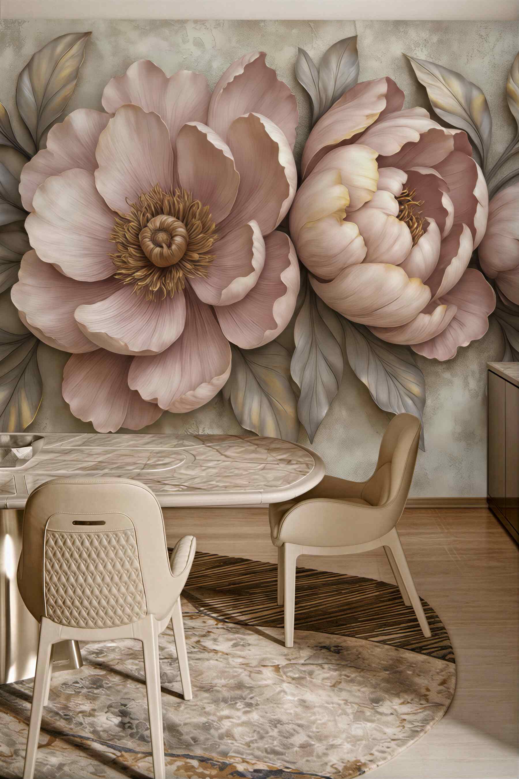 Fototapeta pudrowe piwonie w eleganckim reliefie