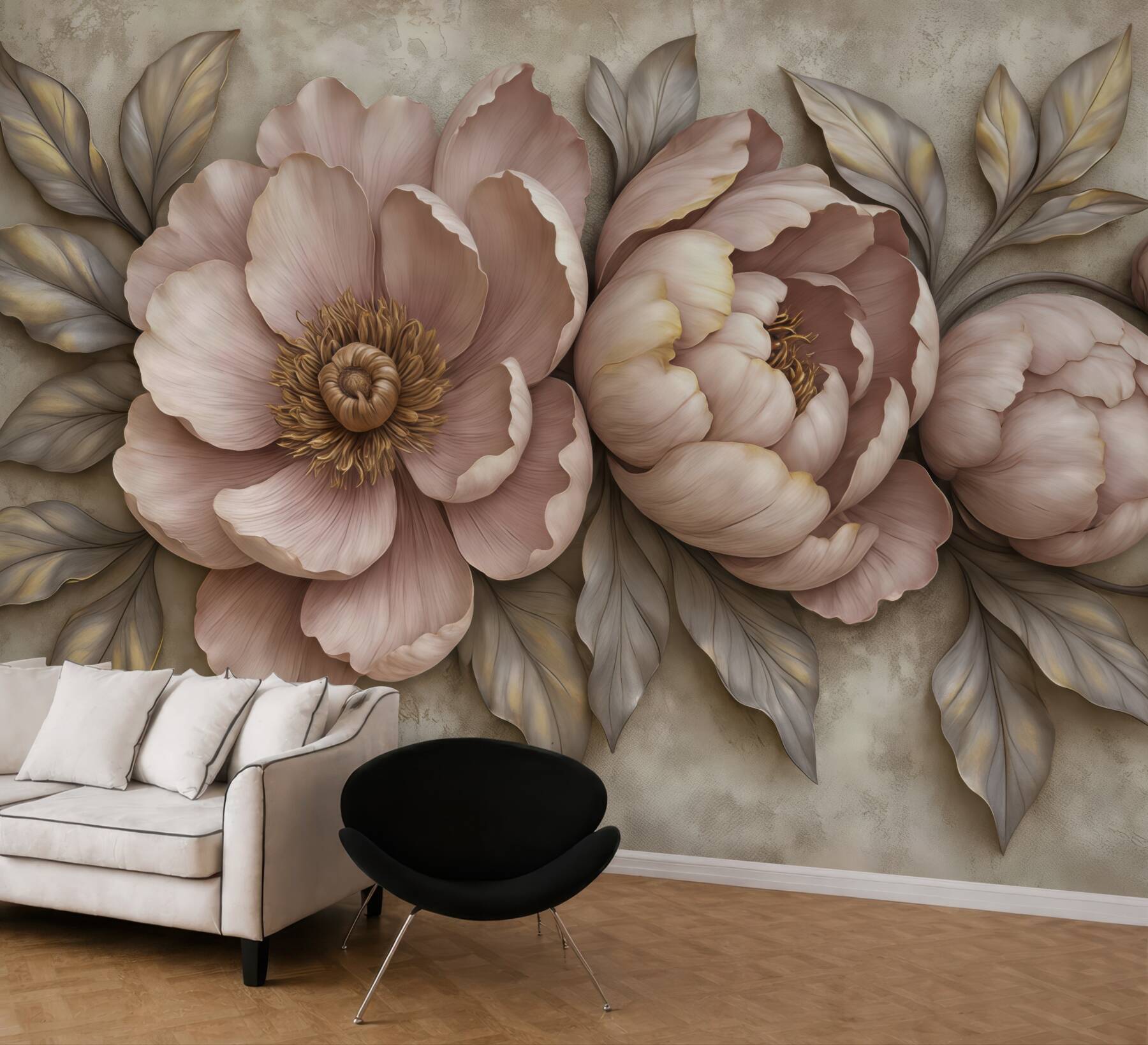 Fototapeta pudrowe piwonie w eleganckim reliefie