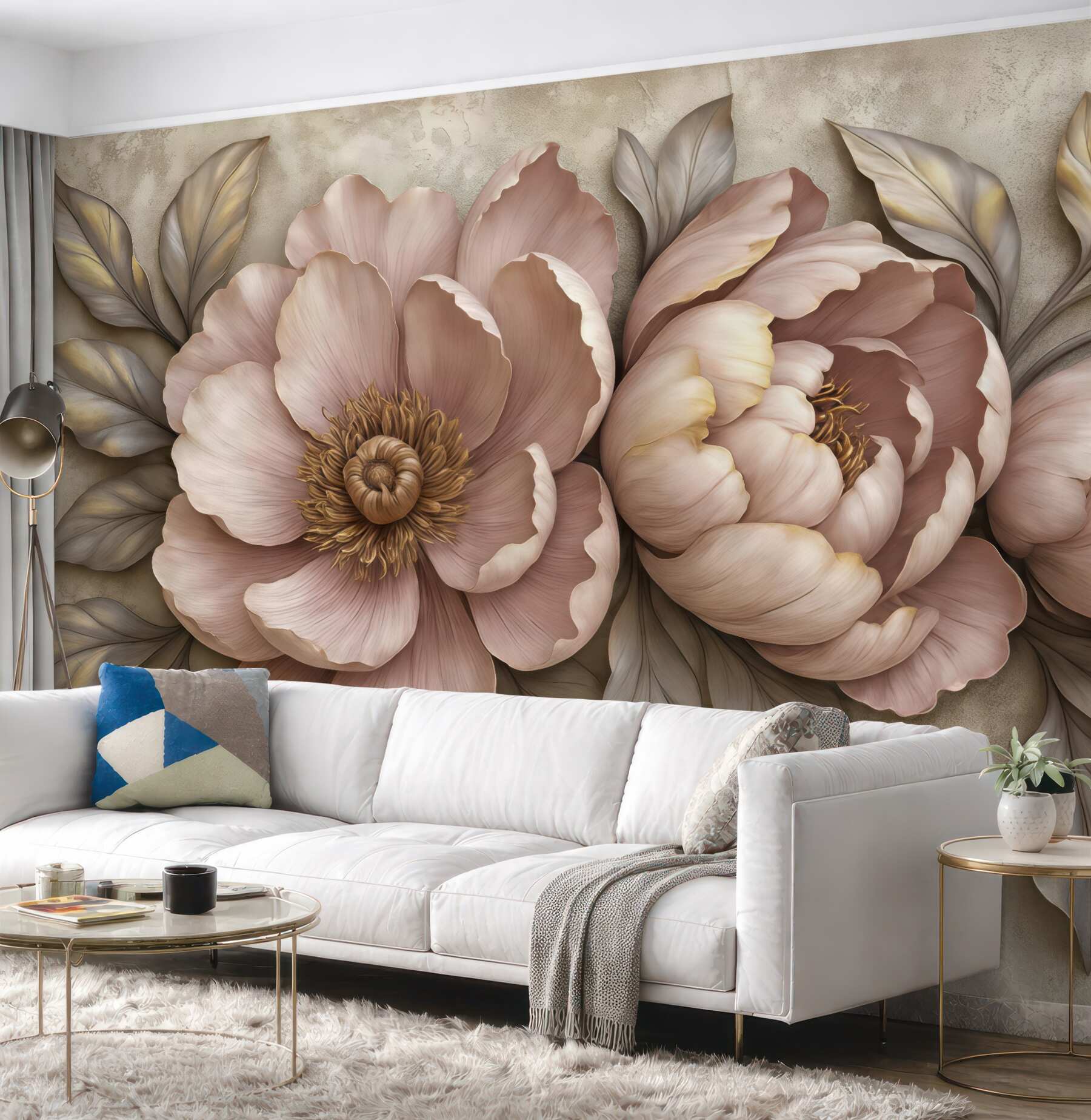 Fototapeta pudrowe piwonie w eleganckim reliefie