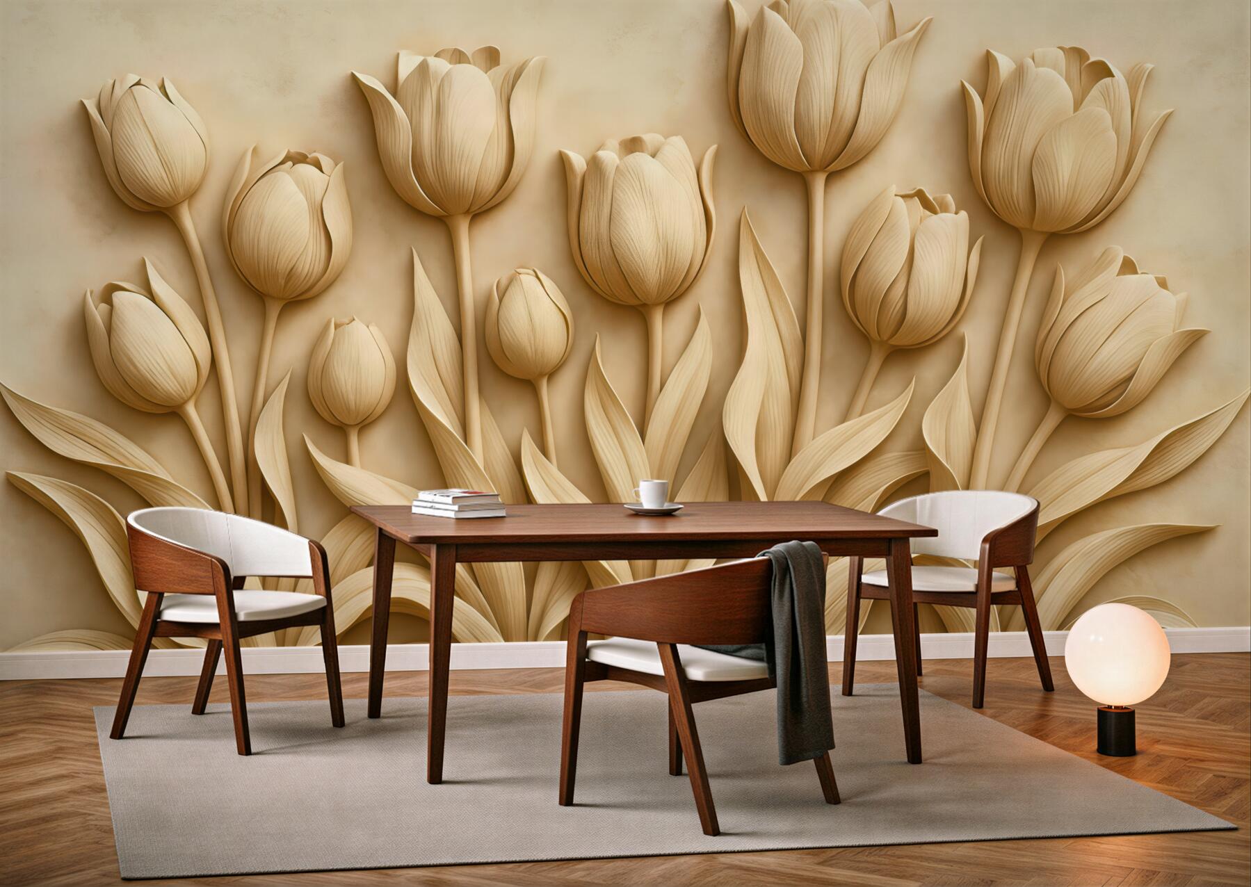 Fototapeta beżowe tulipany w eleganckim reliefie