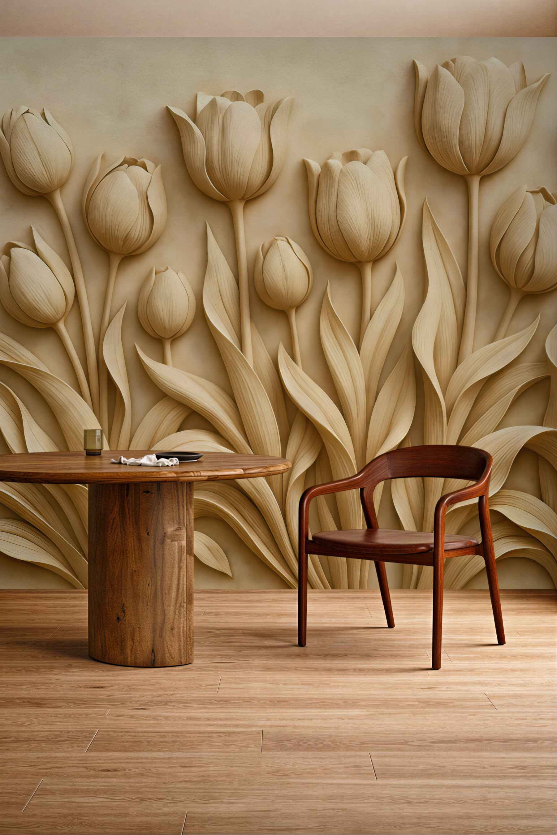 Fototapeta beżowe tulipany w eleganckim reliefie