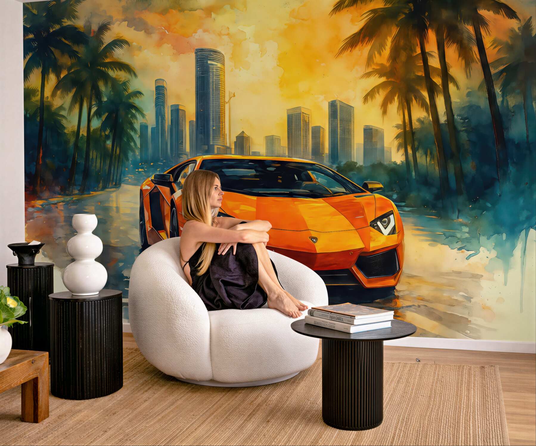 Fototapeta pomarańczowe superauto w tropikalnym mieście