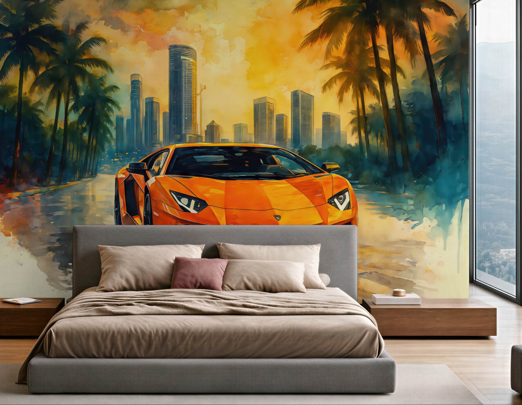 Fototapeta pomarańczowe superauto w tropikalnym mieście