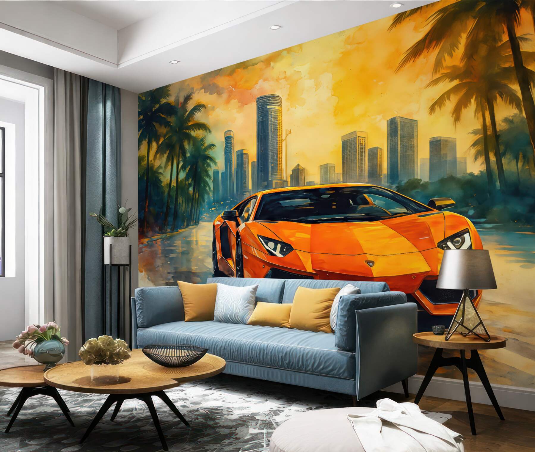 Fototapeta pomarańczowe superauto w tropikalnym mieście