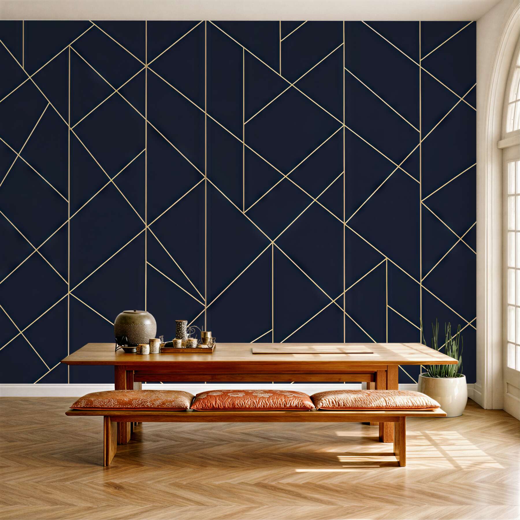 Fototapeta granatowa geometria ze złotą linią