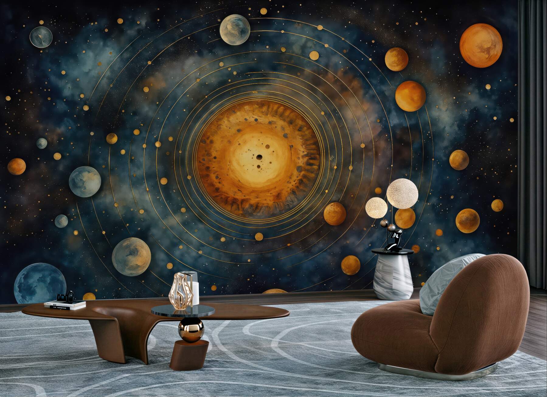 Fototapeta kosmiczny układ planet wokół złotego słońca