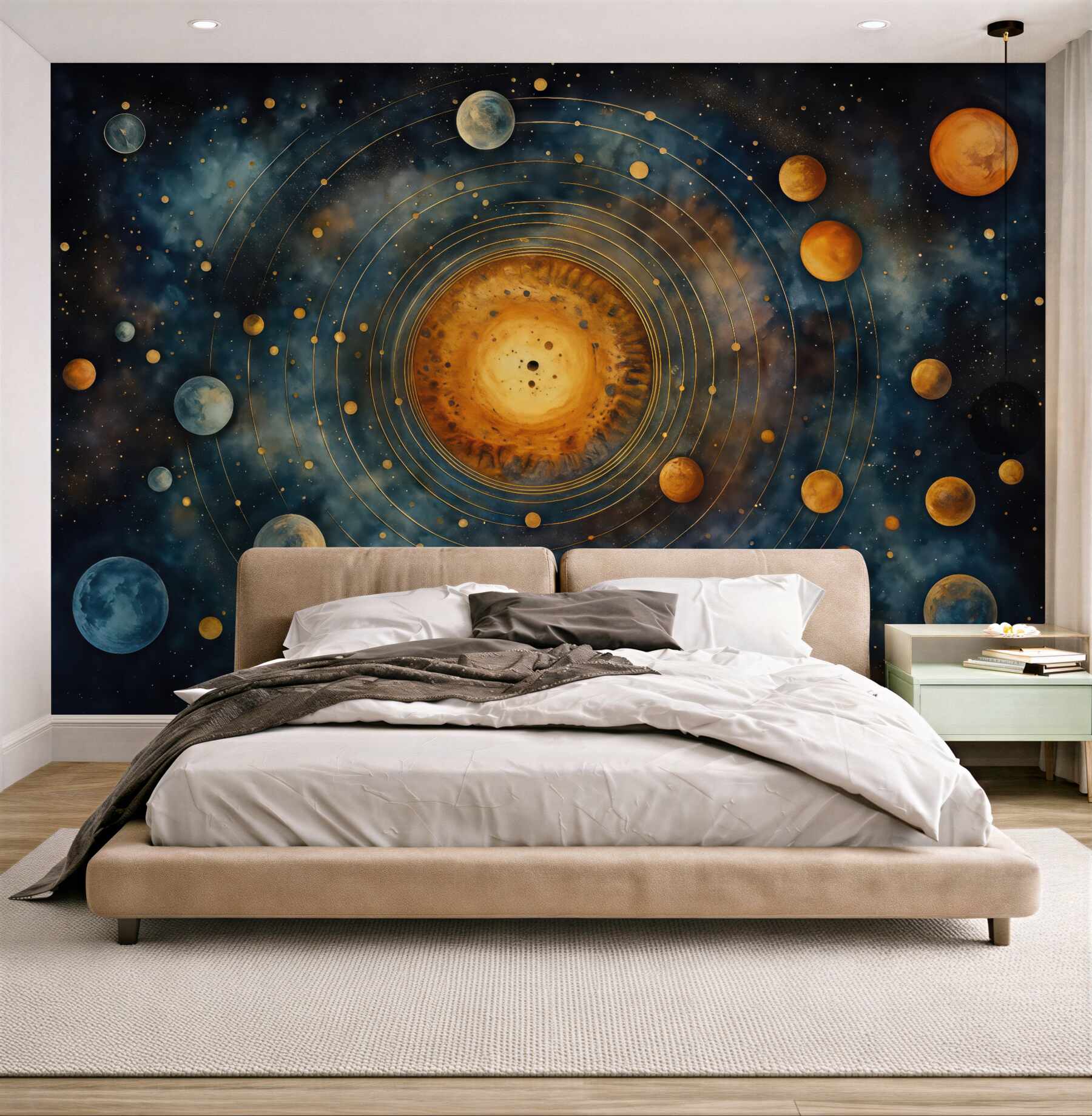 Fototapeta kosmiczny układ planet wokół złotego słońca
