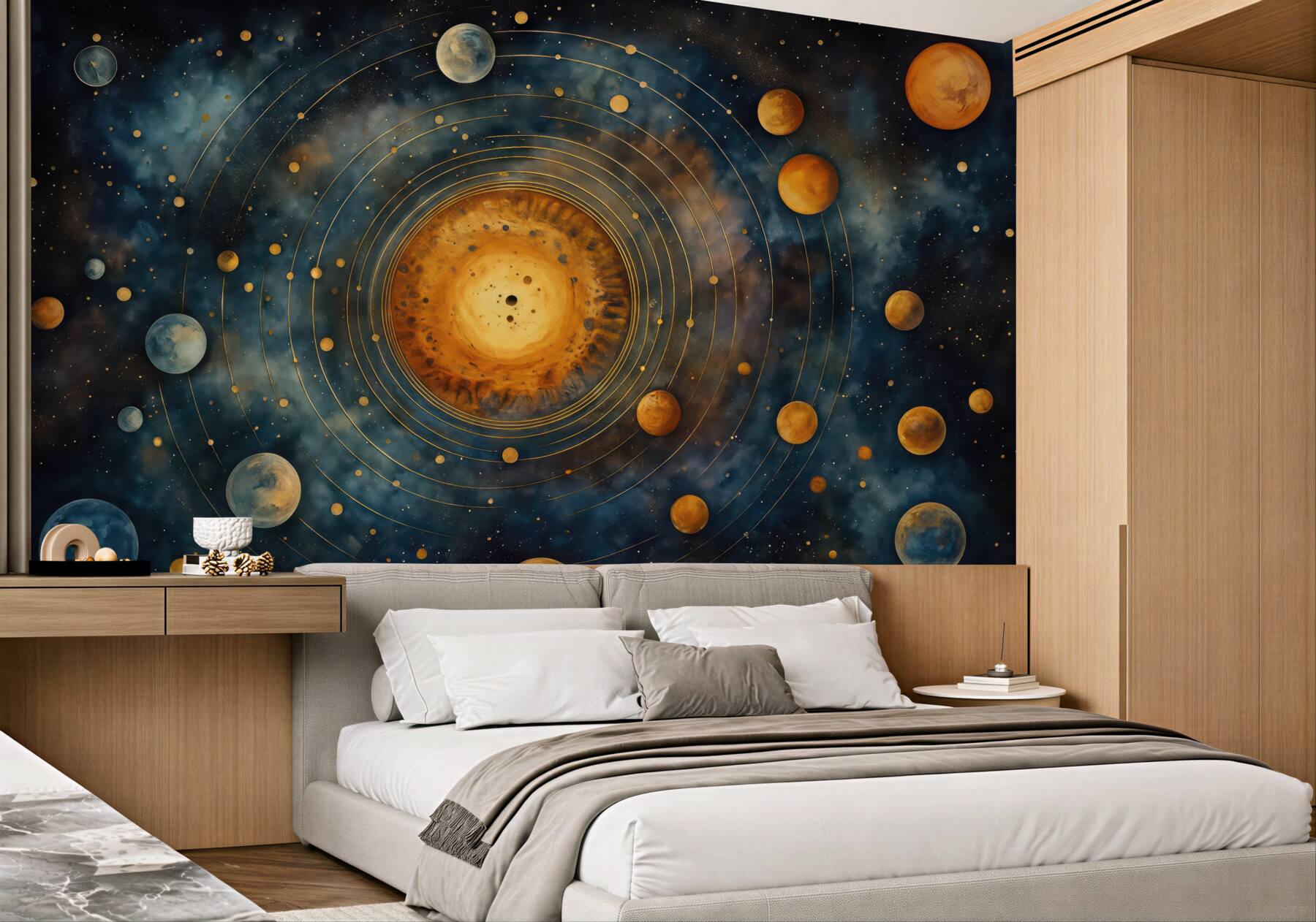 Fototapeta kosmiczny układ planet wokół złotego słońca