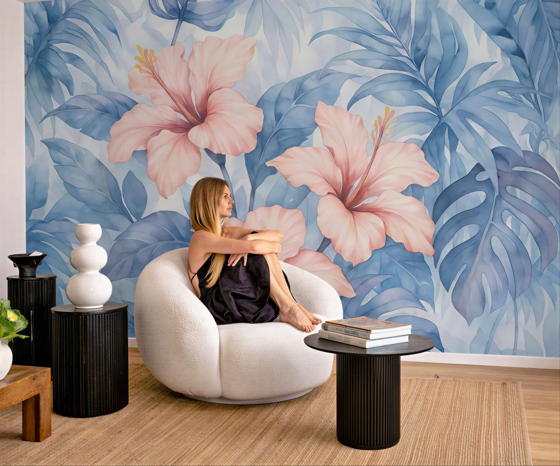 Fototapeta tropikalne hibiskusy w błękitnych liściach
