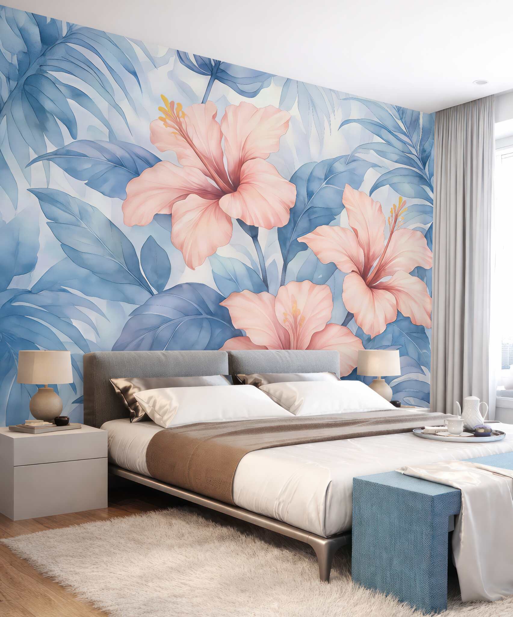 Fototapeta tropikalne hibiskusy w błękitnych liściach