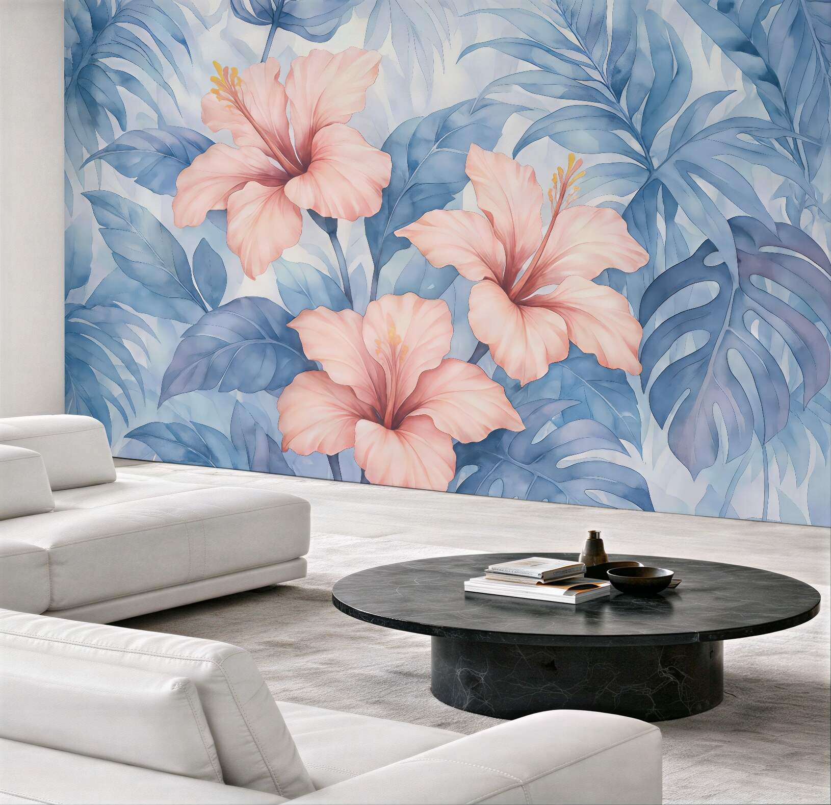 Fototapeta tropikalne hibiskusy w błękitnych liściach