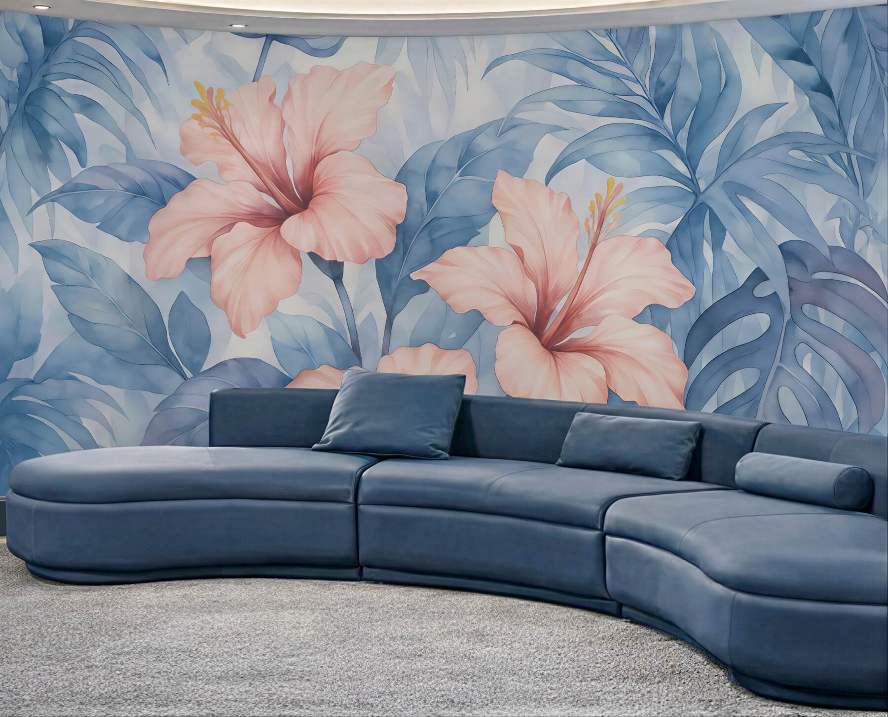 Fototapeta tropikalne hibiskusy w błękitnych liściach