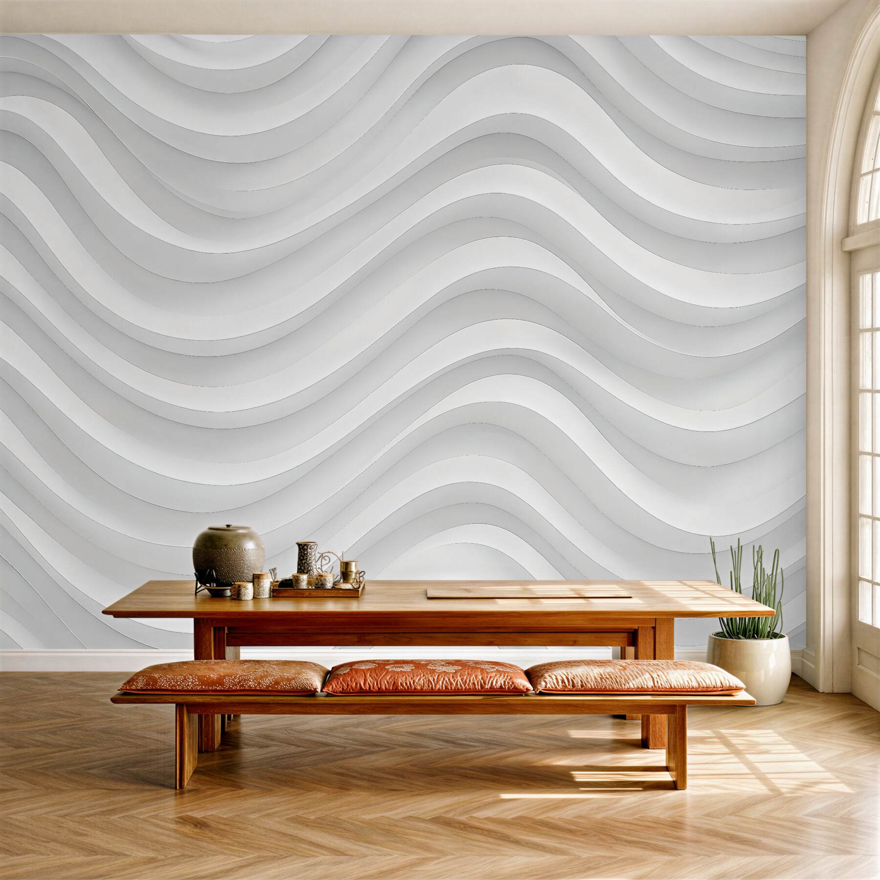 Fototapeta białe faliste linie minimalistyczne 3d