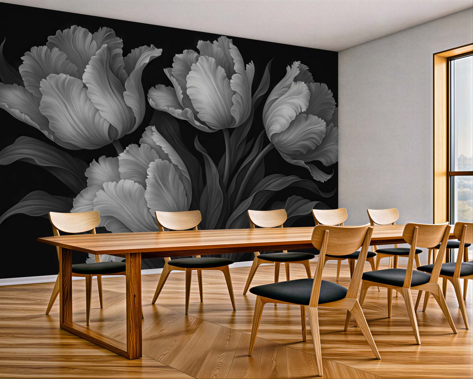 Fototapeta srebrzyste tulipany w eleganckim mroku