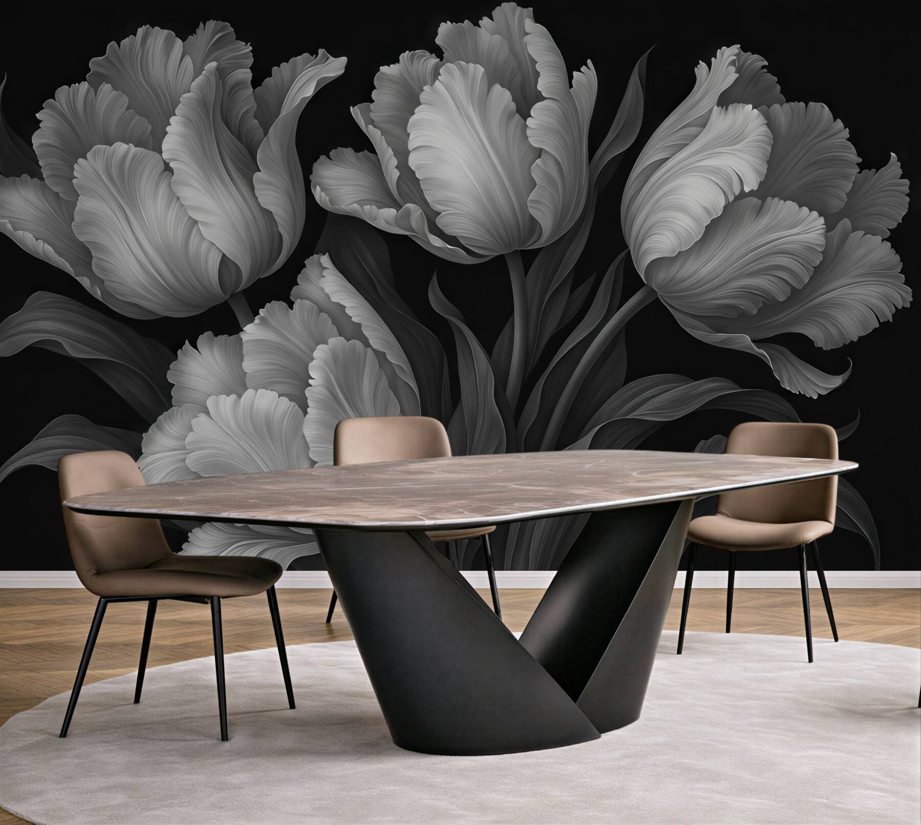 Fototapeta srebrzyste tulipany w eleganckim mroku