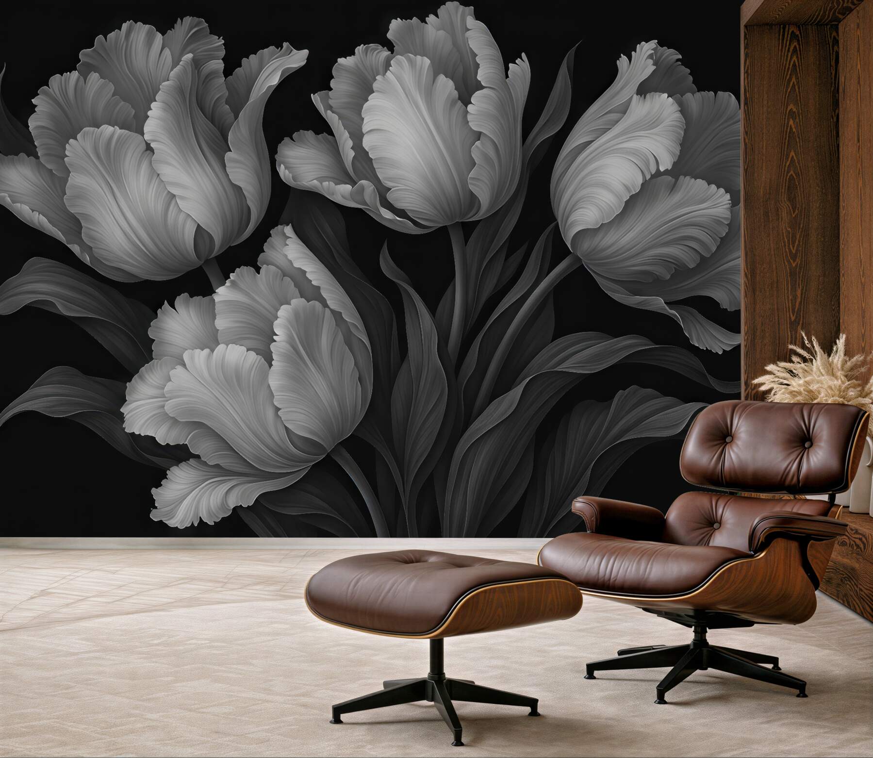 Fototapeta srebrzyste tulipany w eleganckim mroku