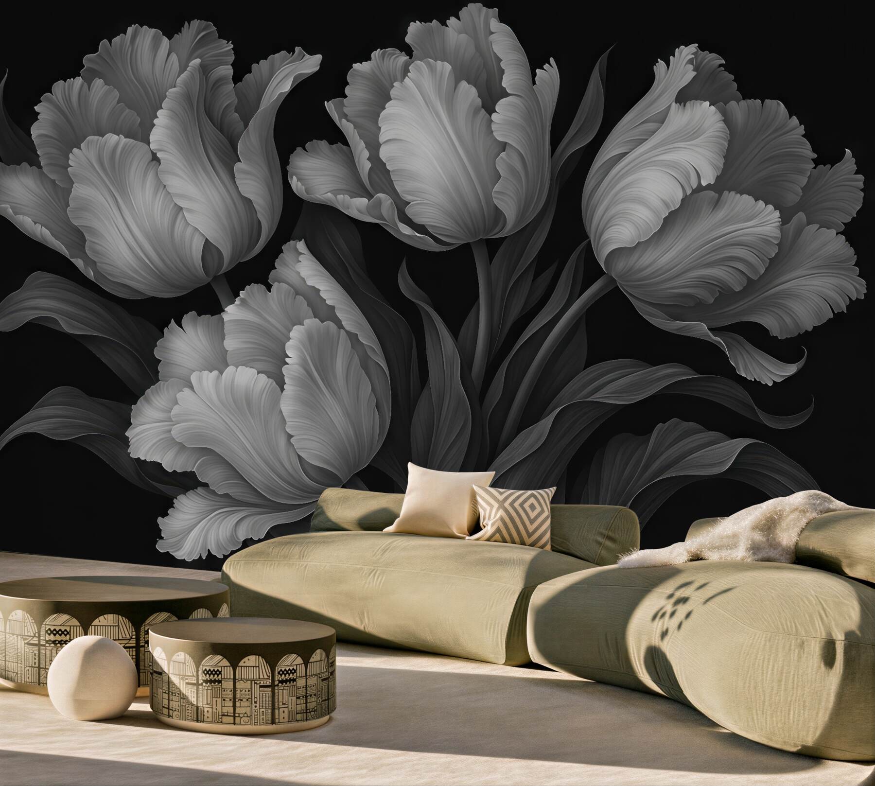 Fototapeta srebrzyste tulipany w eleganckim mroku