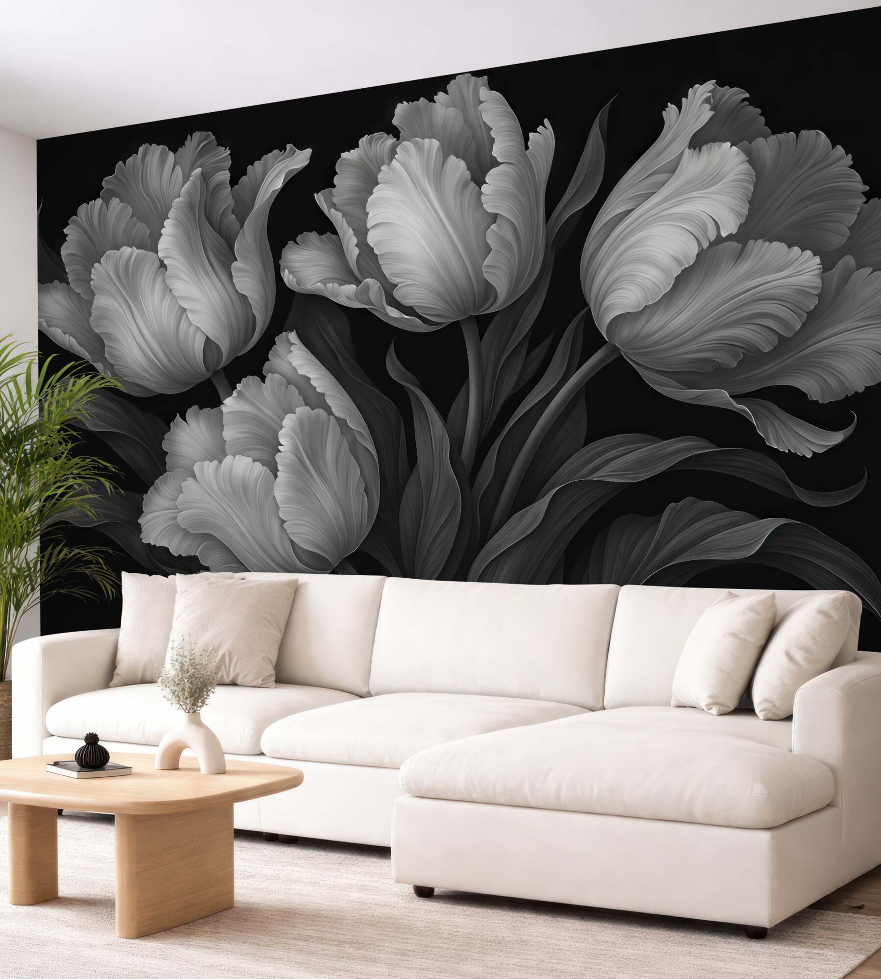 Fototapeta srebrzyste tulipany w eleganckim mroku