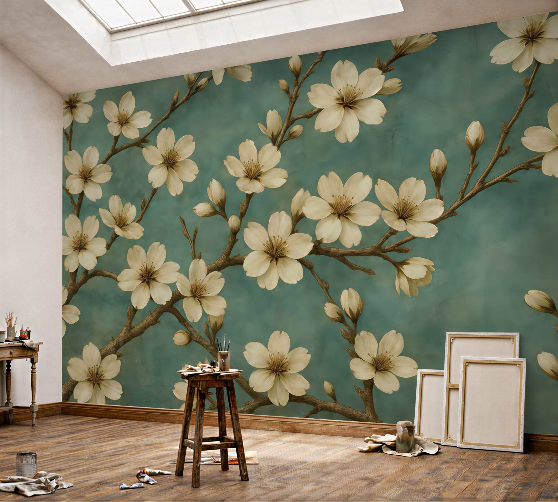 Fototapeta kremowe magnolie na turkusowym tle