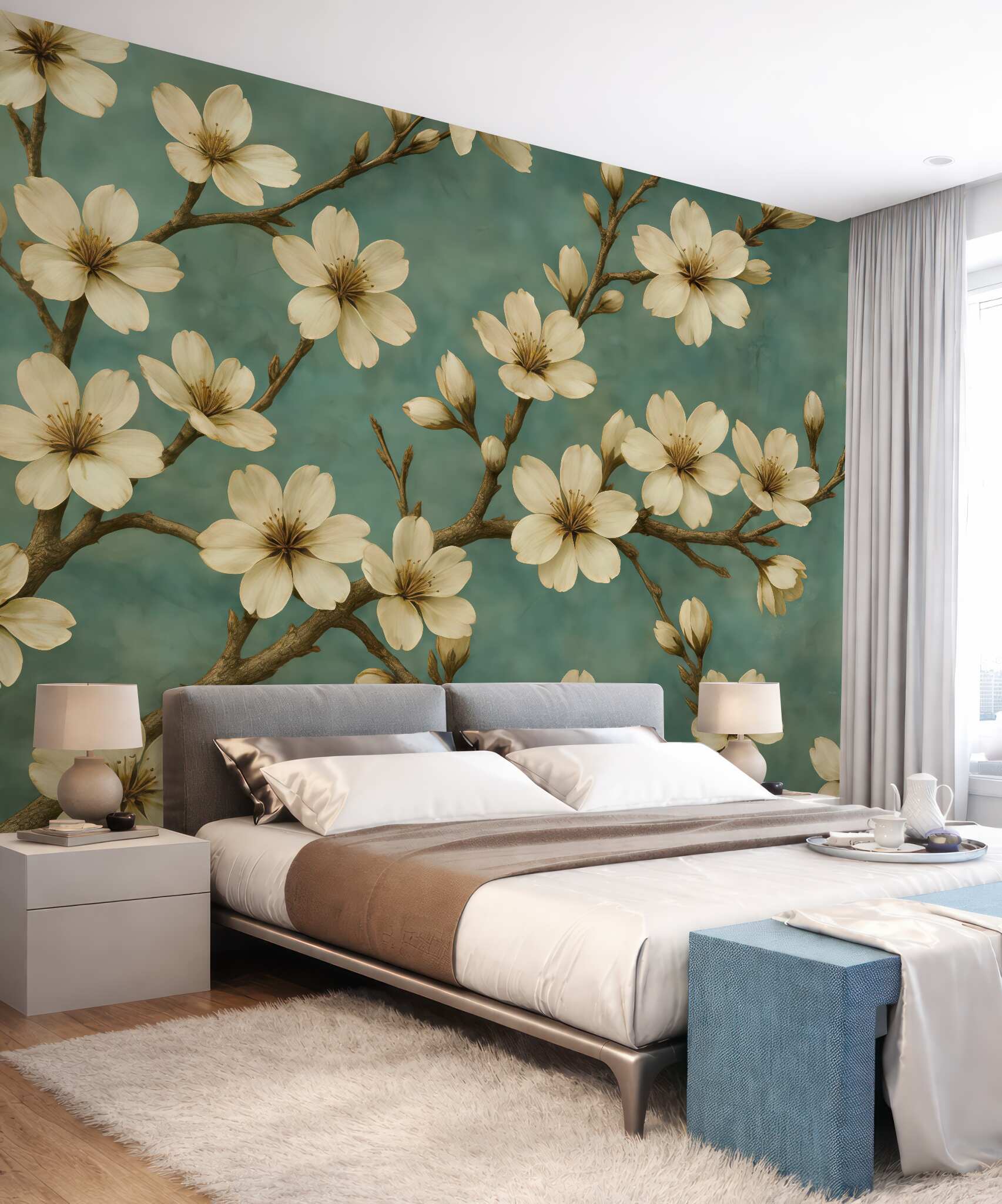 Fototapeta kremowe magnolie na turkusowym tle
