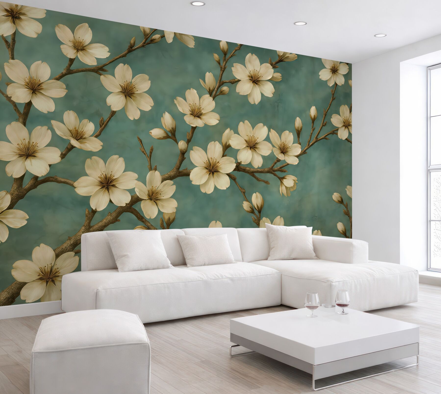 Fototapeta kremowe magnolie na turkusowym tle