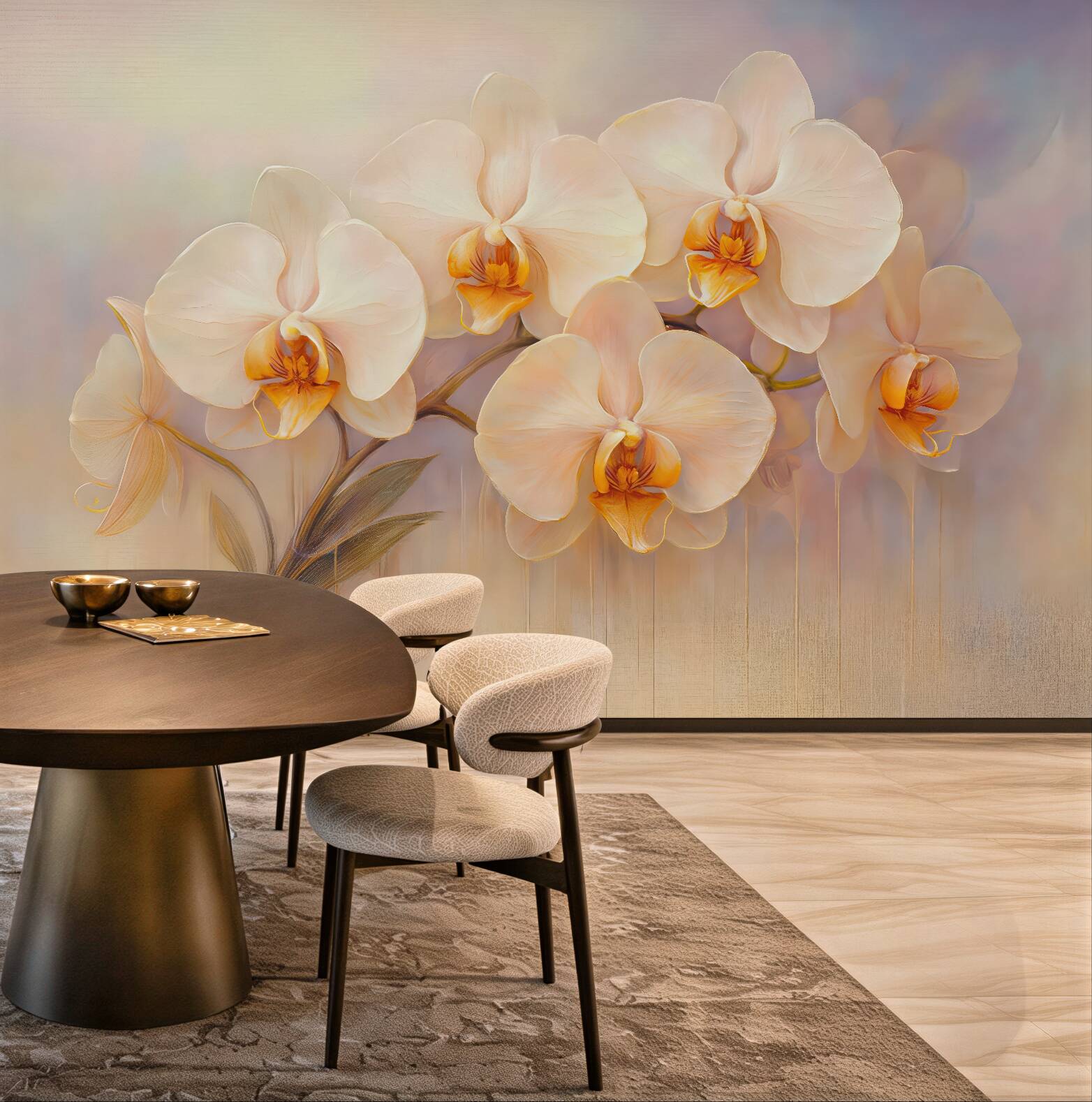 Fototapeta kremowe orchidee w złocistej elegancji