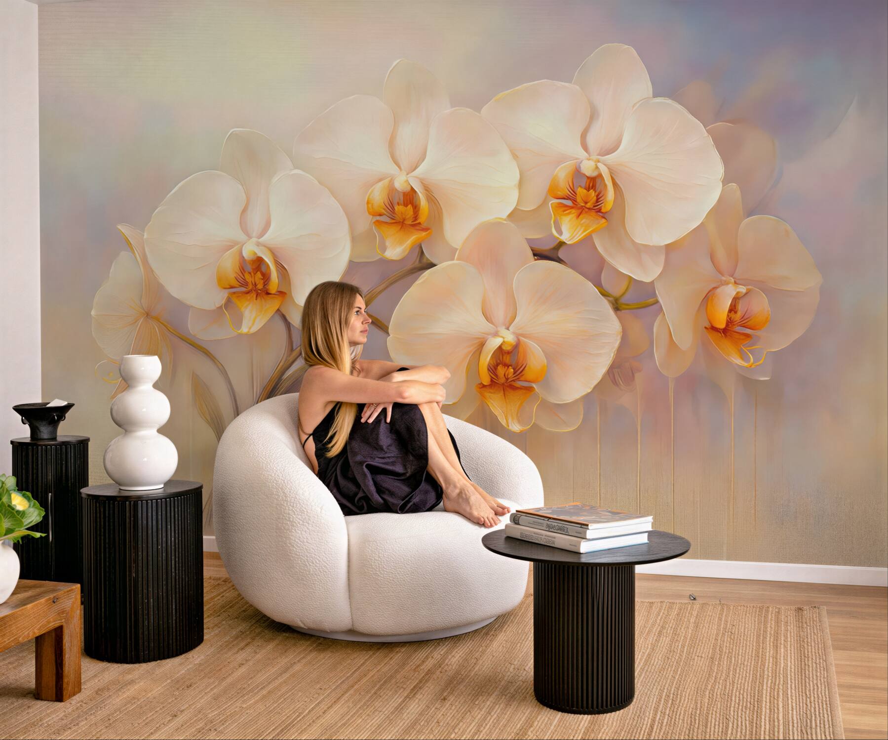 Fototapeta kremowe orchidee w złocistej elegancji